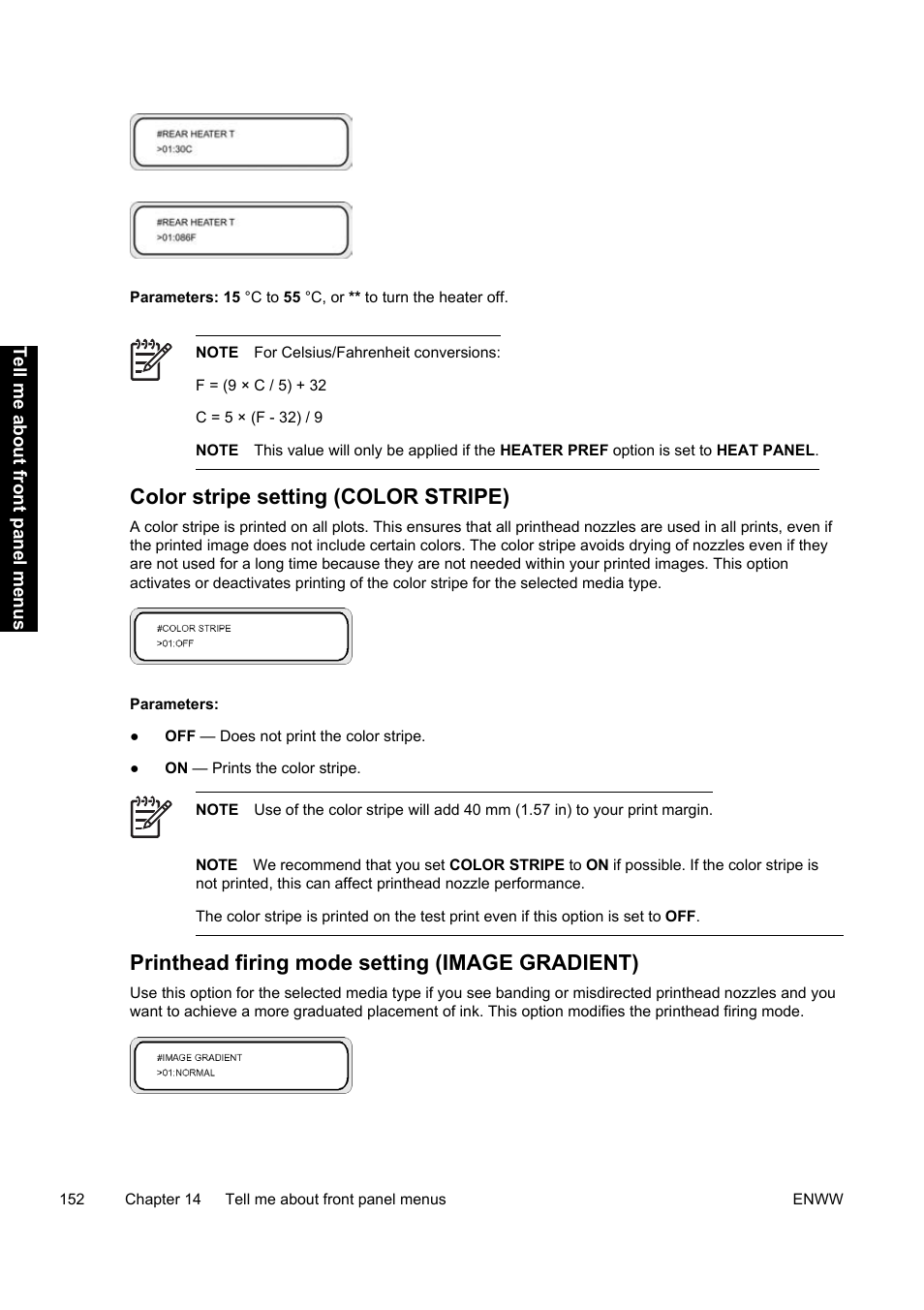 Color stripe setting (color stripe), Printhead firing mode setting (image gradient) | HP Designjet 9000s Printer series User Manual | Page 162 / 200