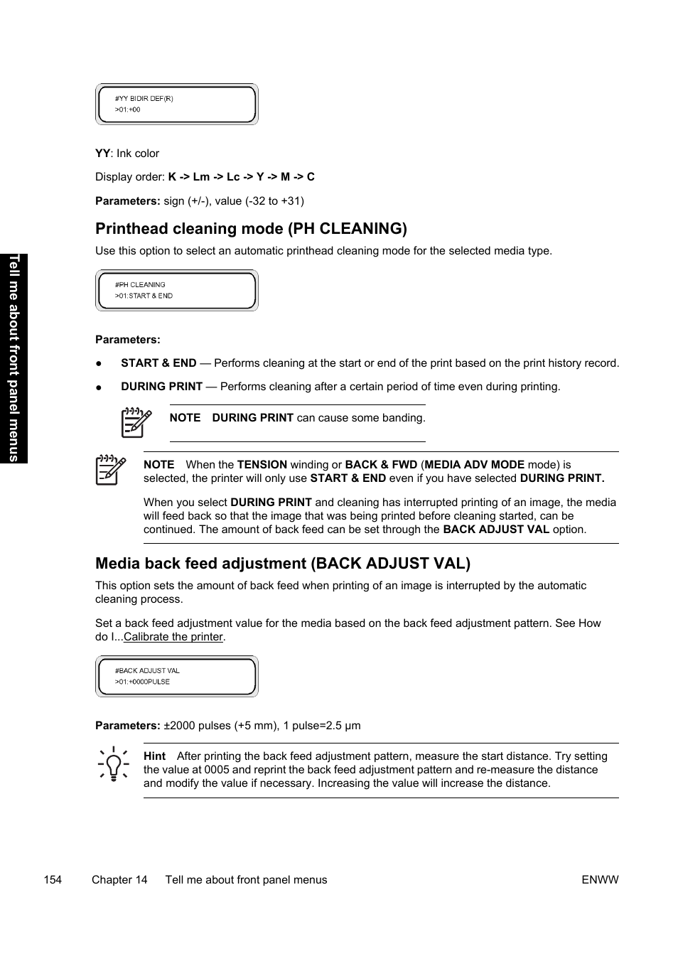 Printhead cleaning mode (ph cleaning), Media back feed adjustment (back adjust val) | HP Designjet 9000s Printer series User Manual | Page 164 / 200