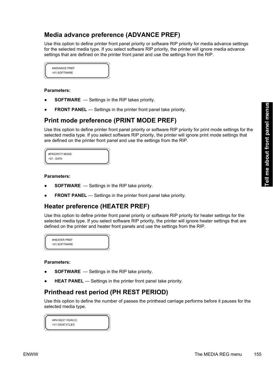 Media advance preference (advance pref), Print mode preference (print mode pref), Heater preference (heater pref) | Printhead rest period (ph rest period) | HP Designjet 9000s Printer series User Manual | Page 165 / 200