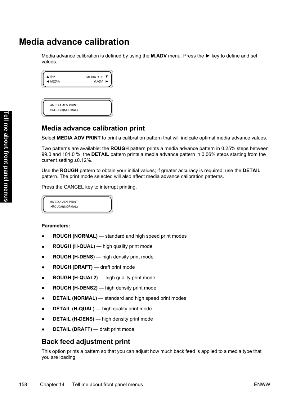 Media advance calibration, Media advance calibration print, Back feed adjustment print | HP Designjet 9000s Printer series User Manual | Page 168 / 200