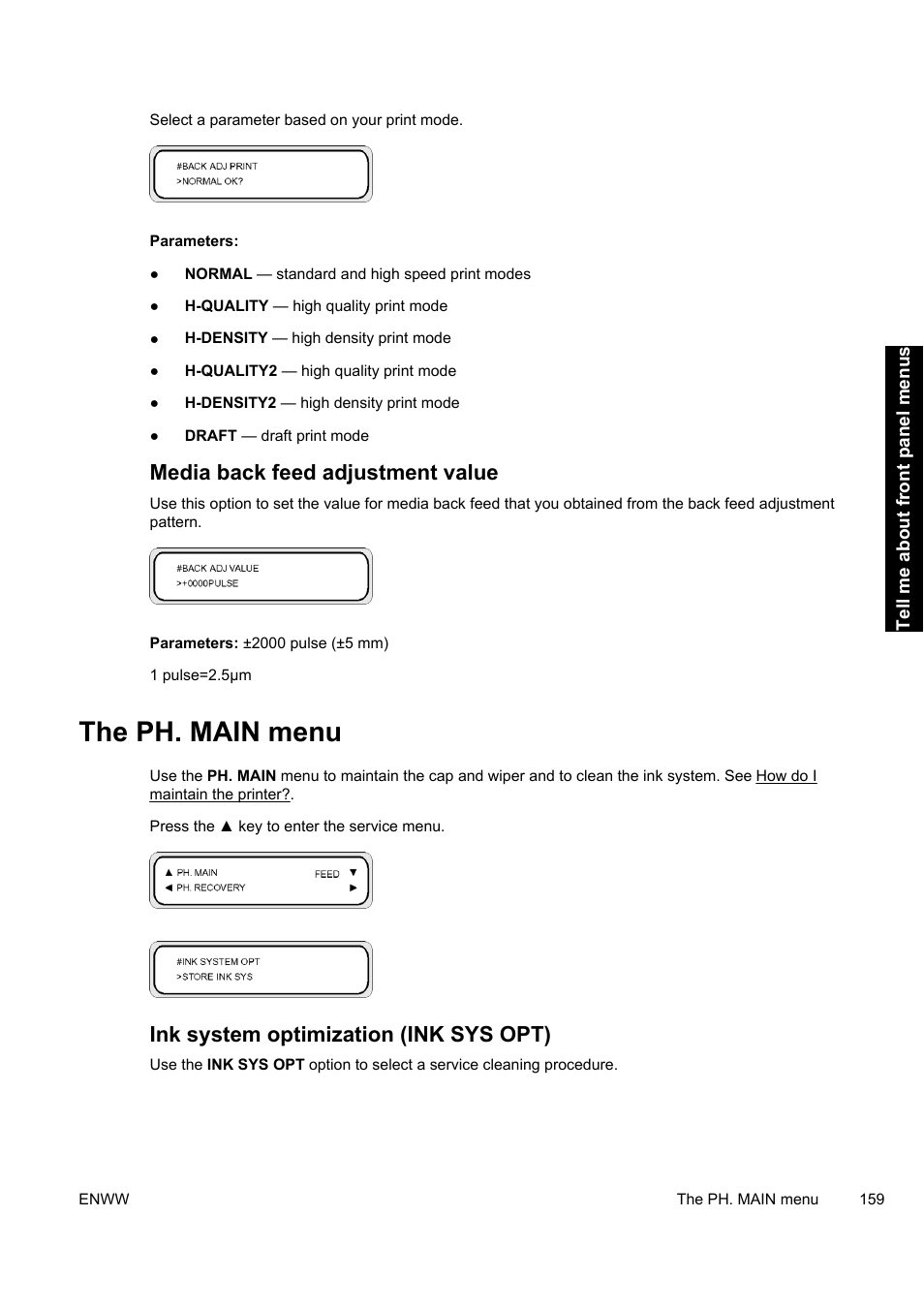 The ph. main menu, Media back feed adjustment value, Ink system optimization (ink sys opt) | HP Designjet 9000s Printer series User Manual | Page 169 / 200