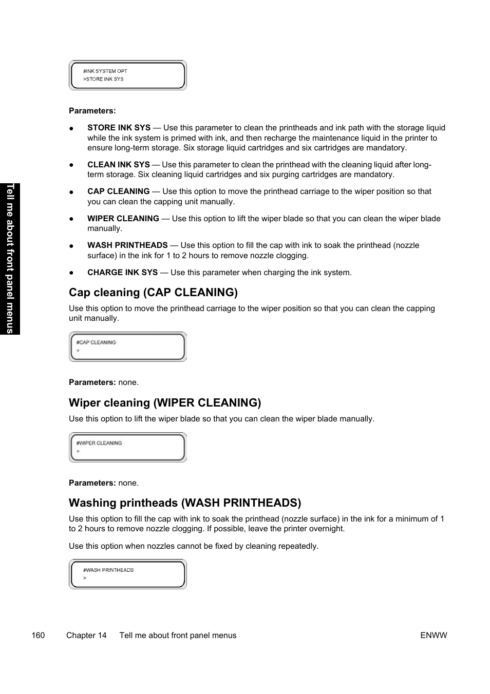 Cap cleaning (cap cleaning), Wiper cleaning (wiper cleaning), Washing printheads (wash printheads) | HP Designjet 9000s Printer series User Manual | Page 170 / 200