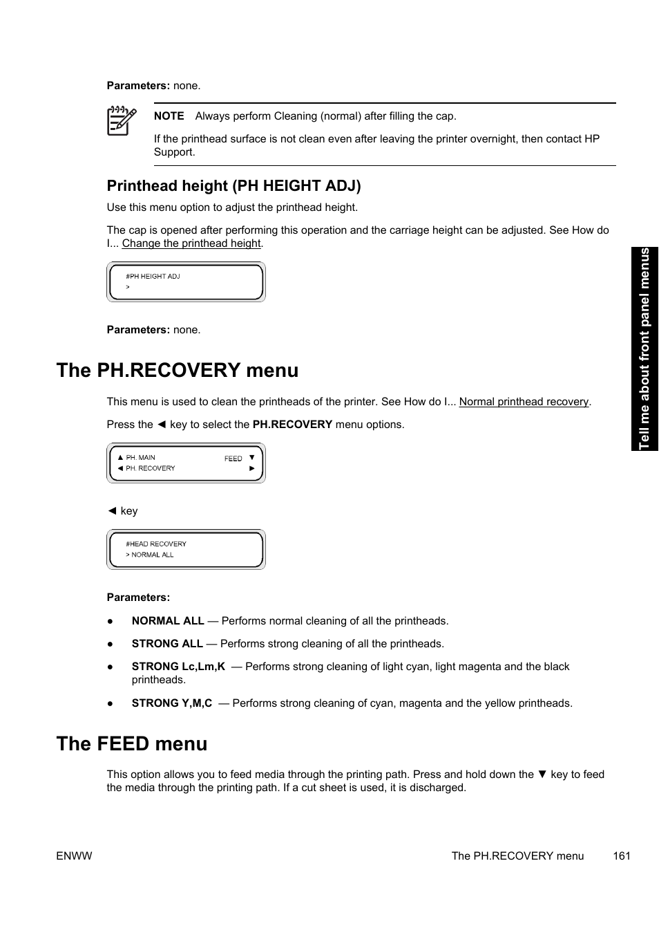 The ph.recovery menu, The feed menu, Printhead height (ph height adj) | HP Designjet 9000s Printer series User Manual | Page 171 / 200