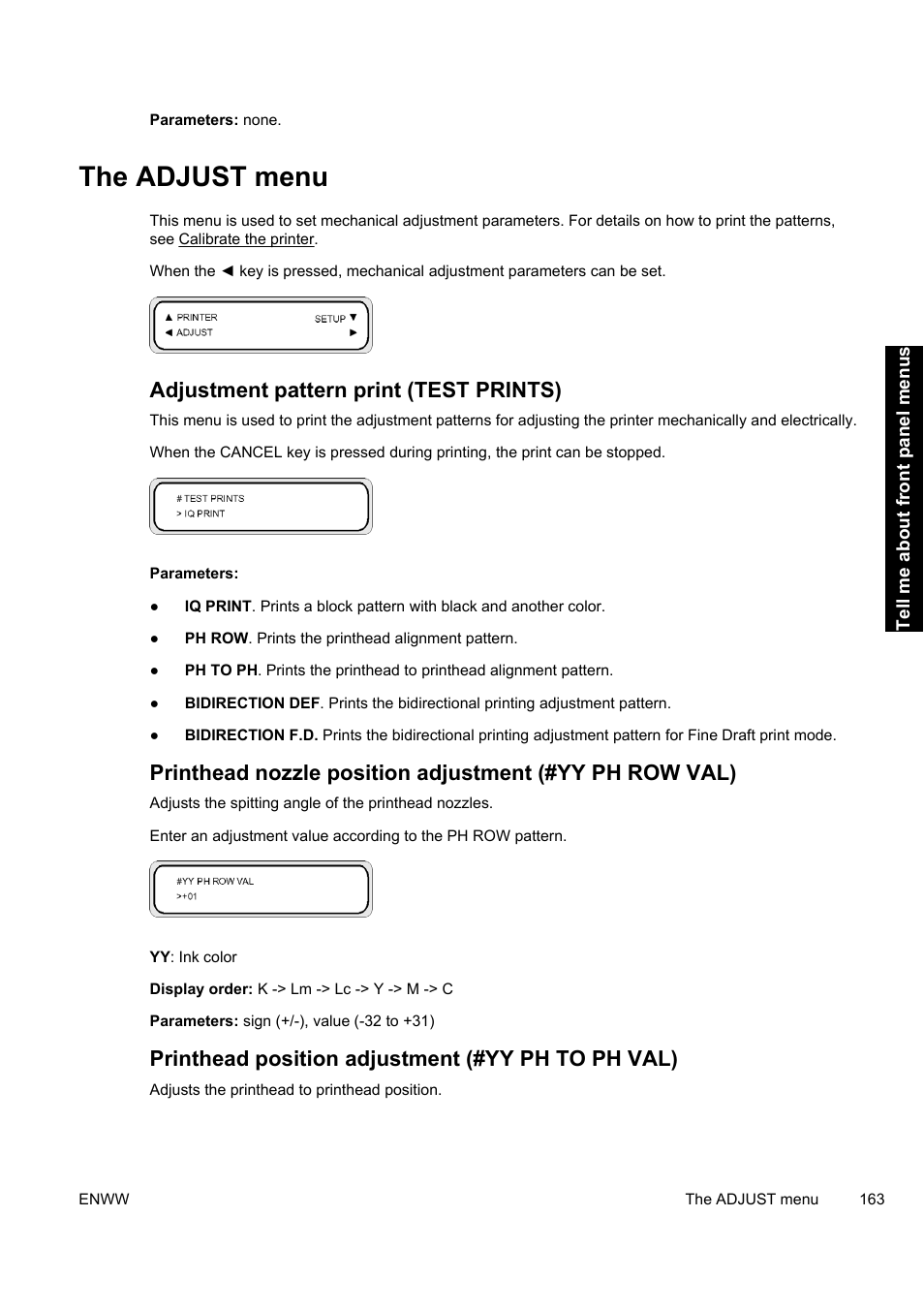 The adjust menu, Adjustment pattern print (test prints), Printhead position adjustment (#yy ph to ph val) | HP Designjet 9000s Printer series User Manual | Page 173 / 200