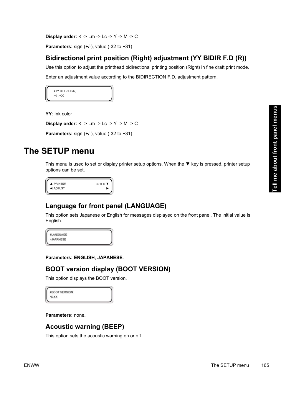 The setup menu, Language for front panel (language), Boot version display (boot version) | Acoustic warning (beep) | HP Designjet 9000s Printer series User Manual | Page 175 / 200