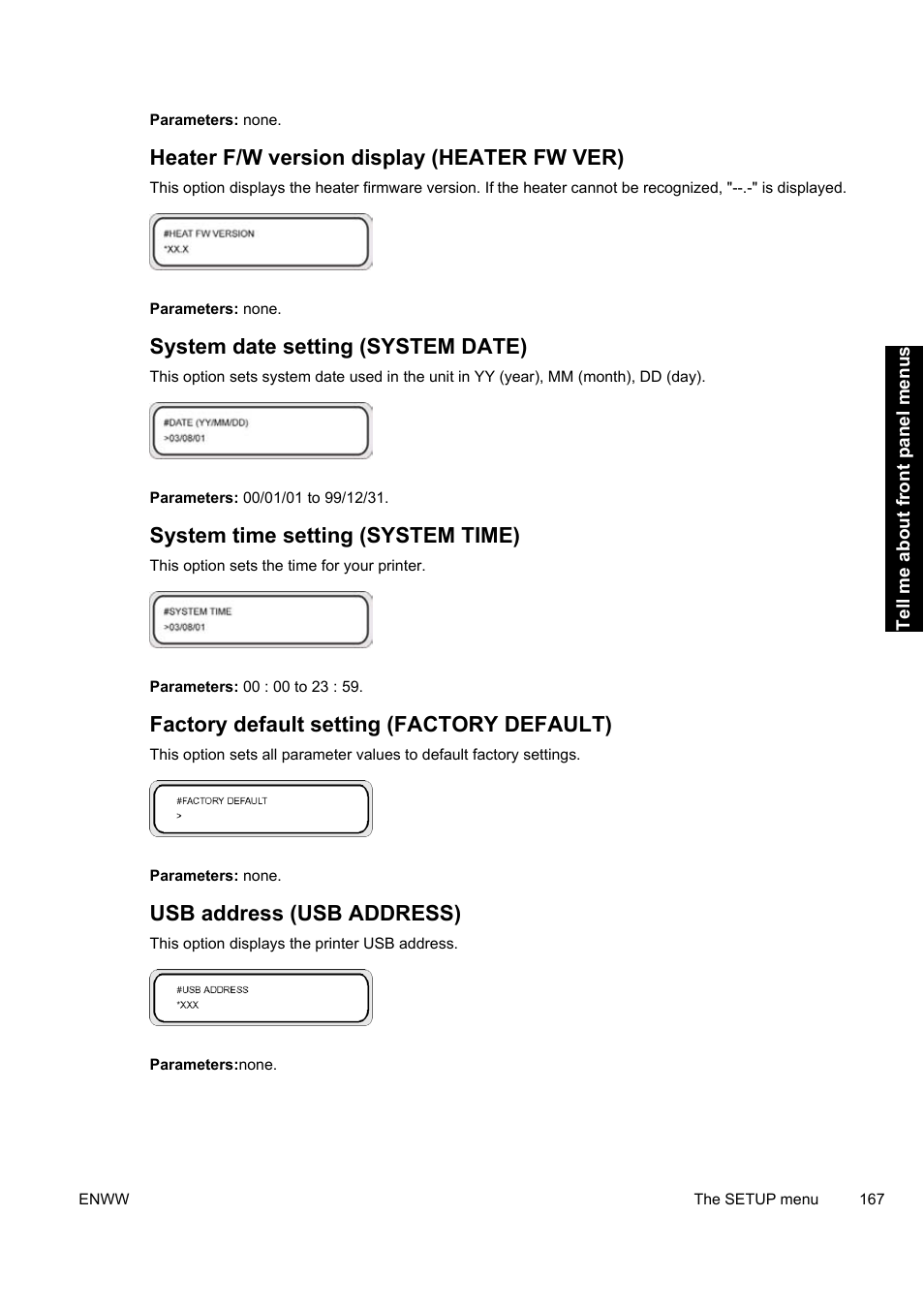 Heater f/w version display (heater fw ver), System date setting (system date), System time setting (system time) | Factory default setting (factory default), Usb address (usb address) | HP Designjet 9000s Printer series User Manual | Page 177 / 200