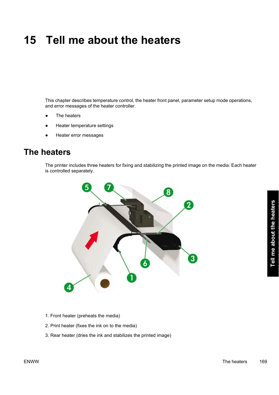 15 tell me about the heaters, The heaters | HP Designjet 9000s Printer series User Manual | Page 179 / 200