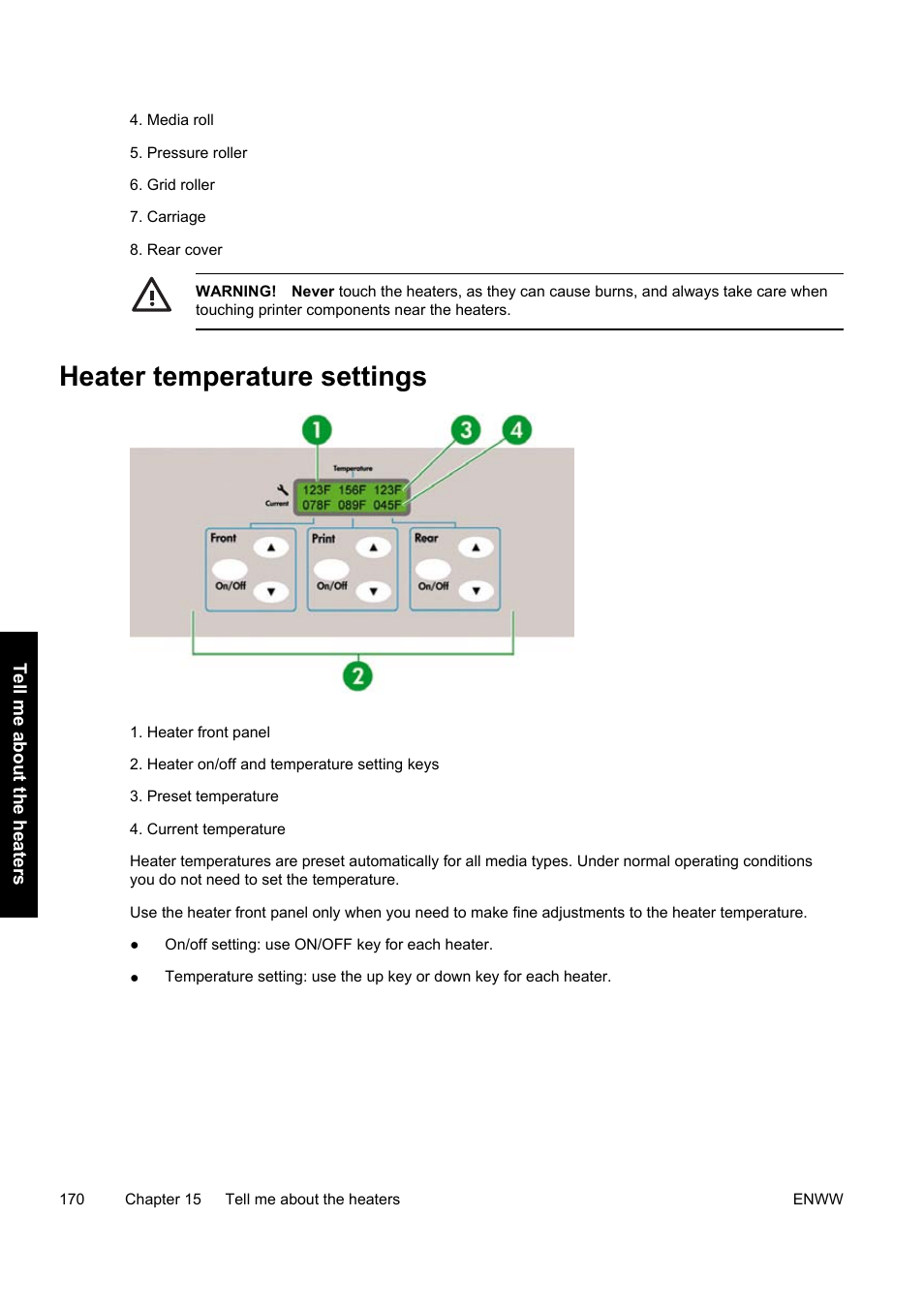 Heater temperature settings | HP Designjet 9000s Printer series User Manual | Page 180 / 200