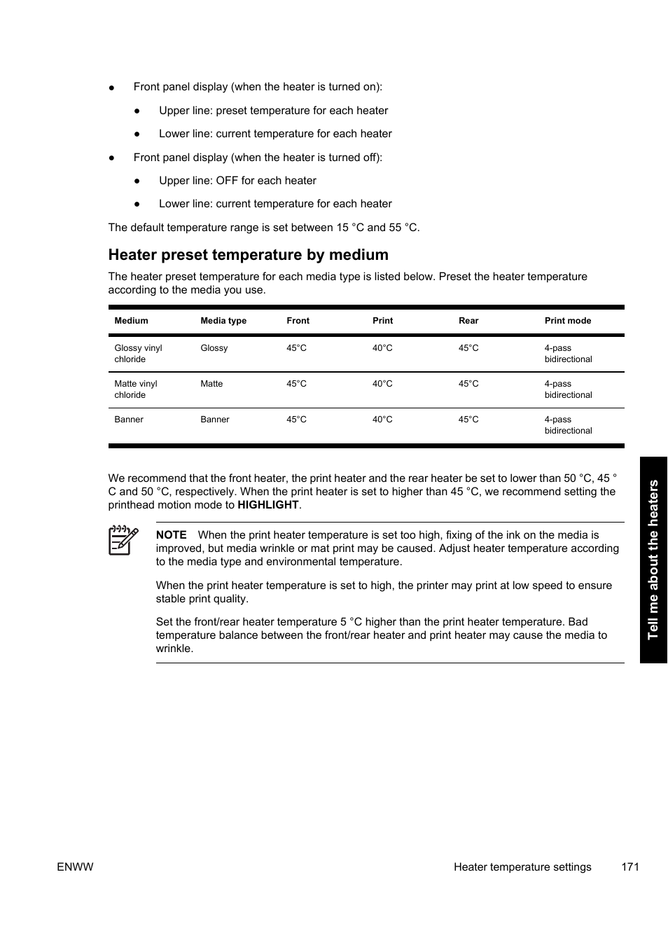 Heater preset temperature by medium | HP Designjet 9000s Printer series User Manual | Page 181 / 200