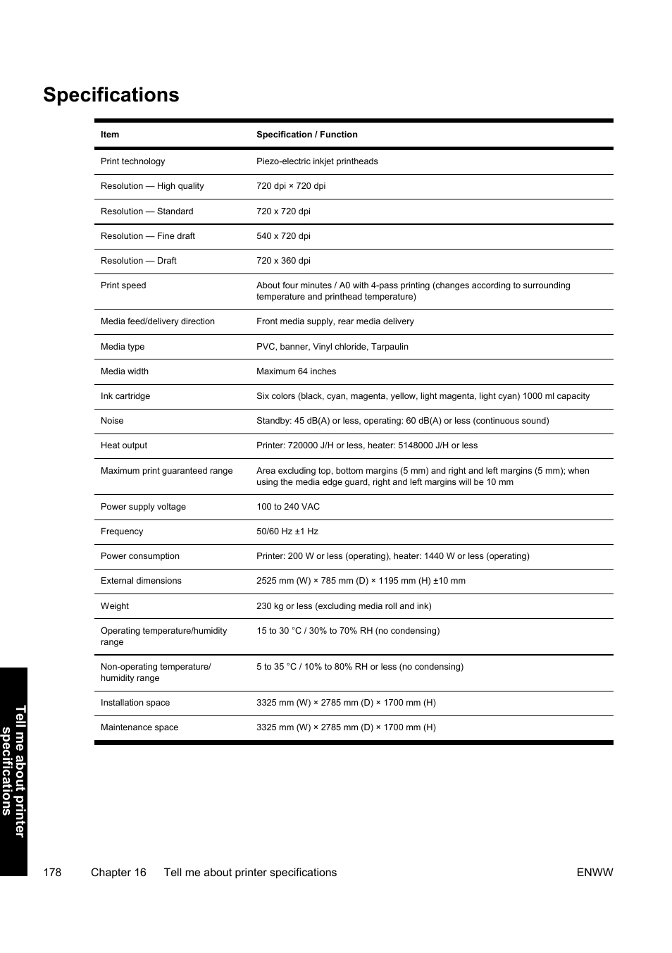 Specifications, Tell me about print er specifications | HP Designjet 9000s Printer series User Manual | Page 188 / 200