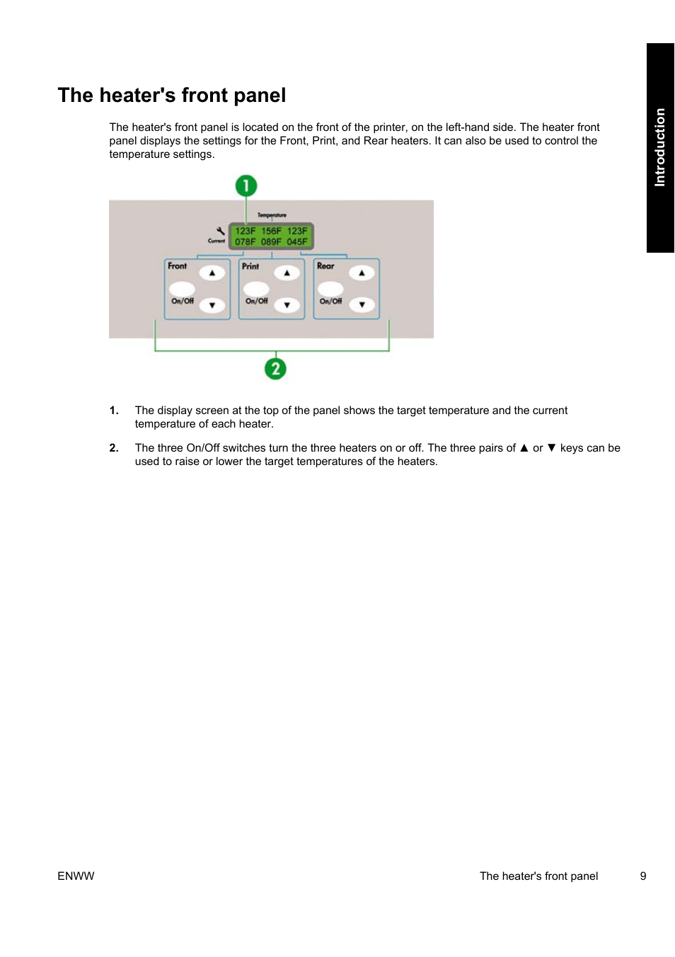 The heater's front panel | HP Designjet 9000s Printer series User Manual | Page 19 / 200