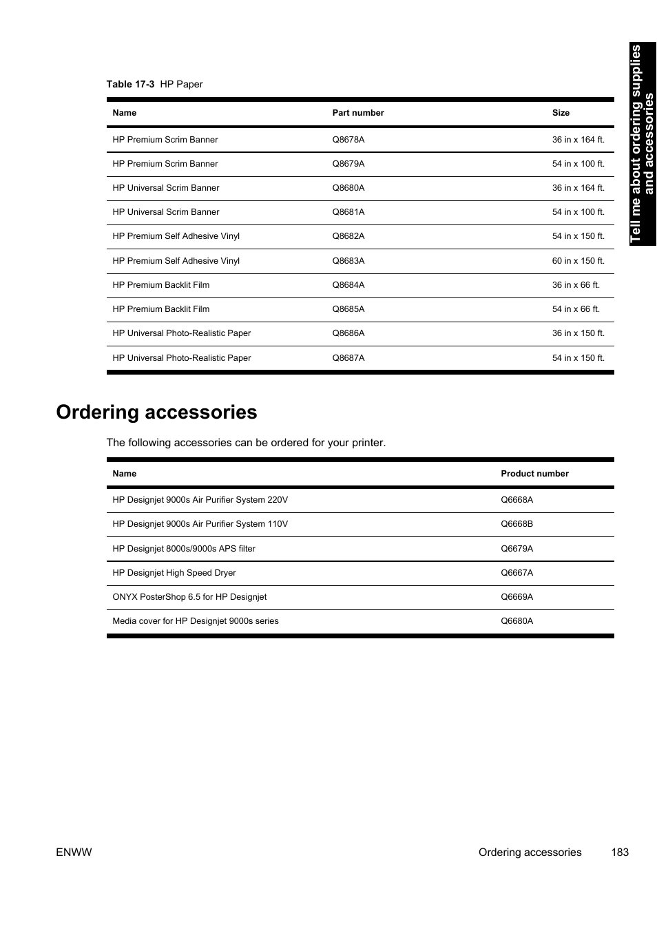 Ordering accessories, Tell me about ordering supplies and accessories | HP Designjet 9000s Printer series User Manual | Page 193 / 200