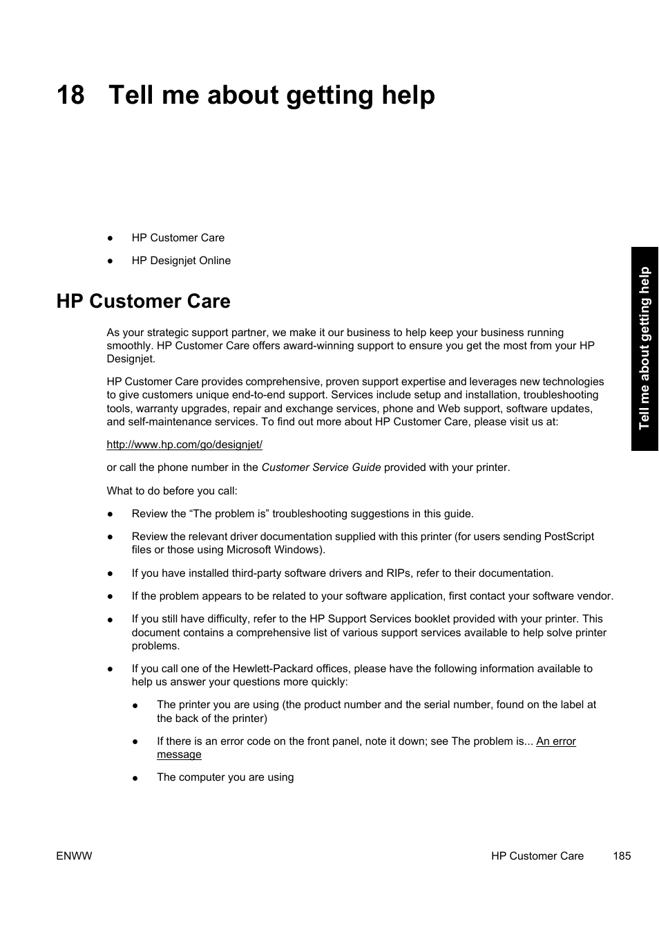 18 tell me about getting help, Hp customer care | HP Designjet 9000s Printer series User Manual | Page 195 / 200