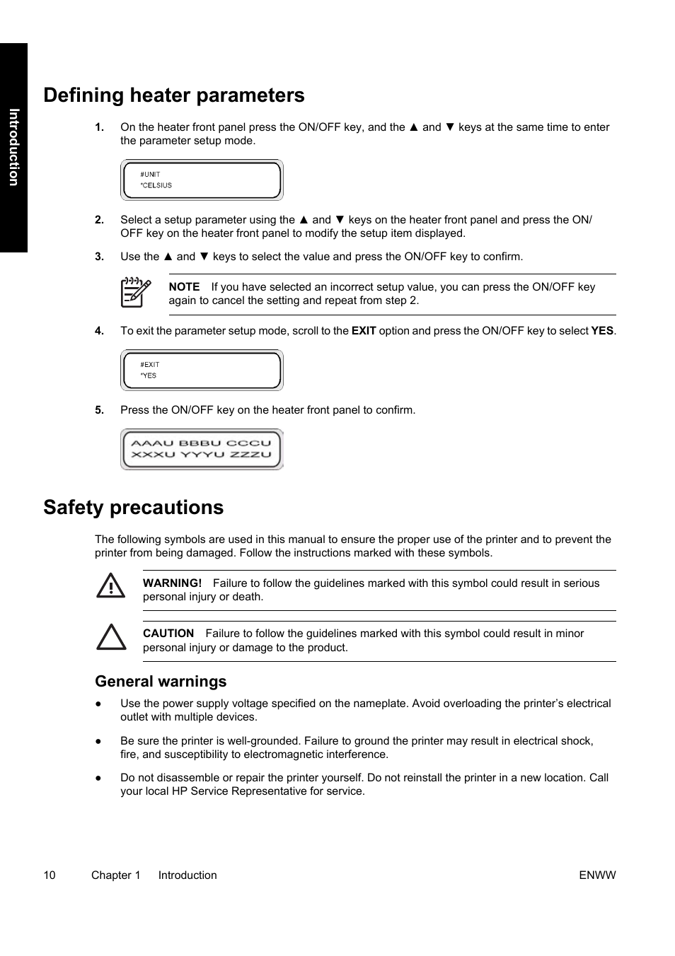 Defining heater parameters, Safety precautions, General warnings | HP Designjet 9000s Printer series User Manual | Page 20 / 200