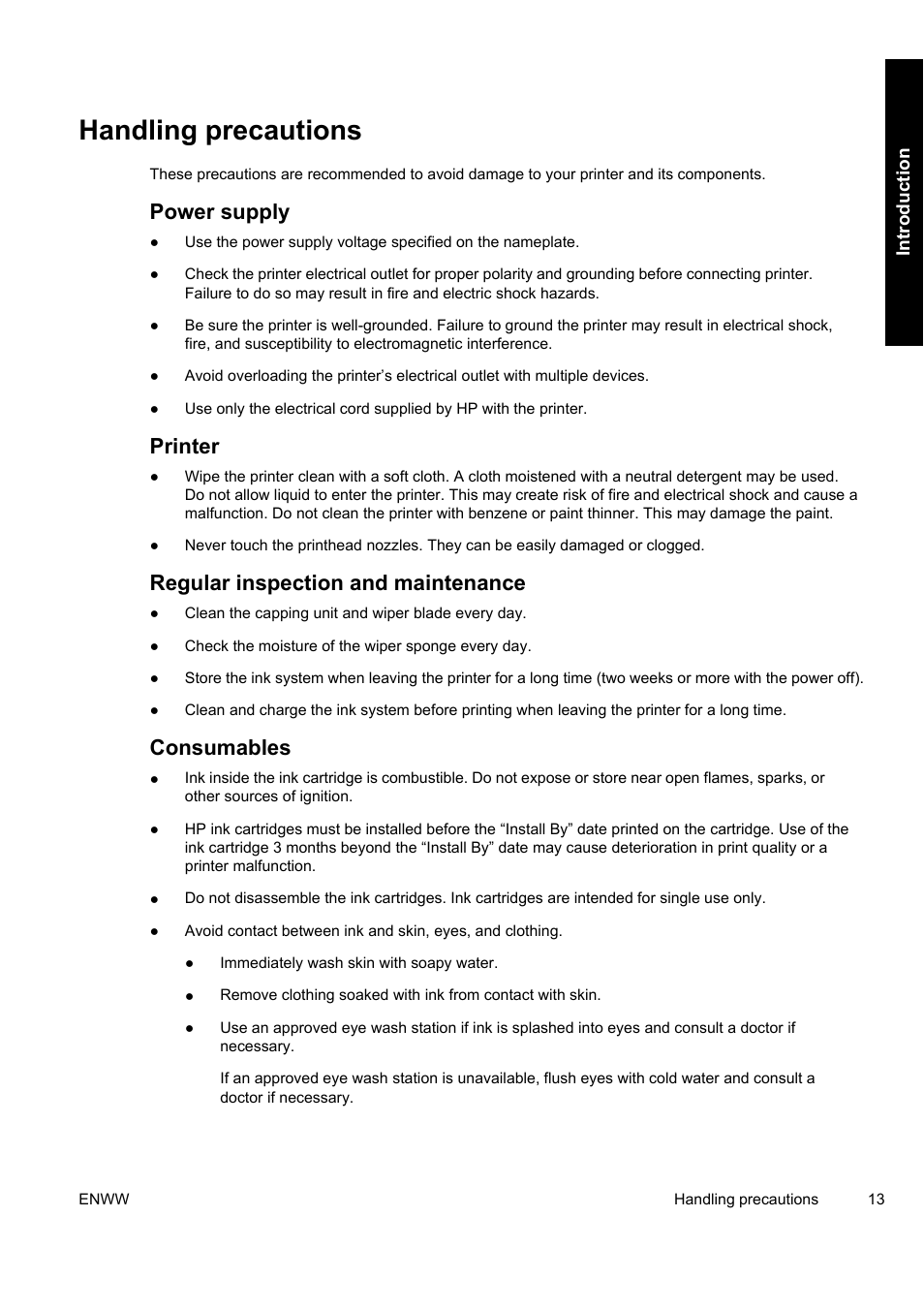 Handling precautions, Power supply, Printer | Regular inspection and maintenance, Consumables | HP Designjet 9000s Printer series User Manual | Page 23 / 200