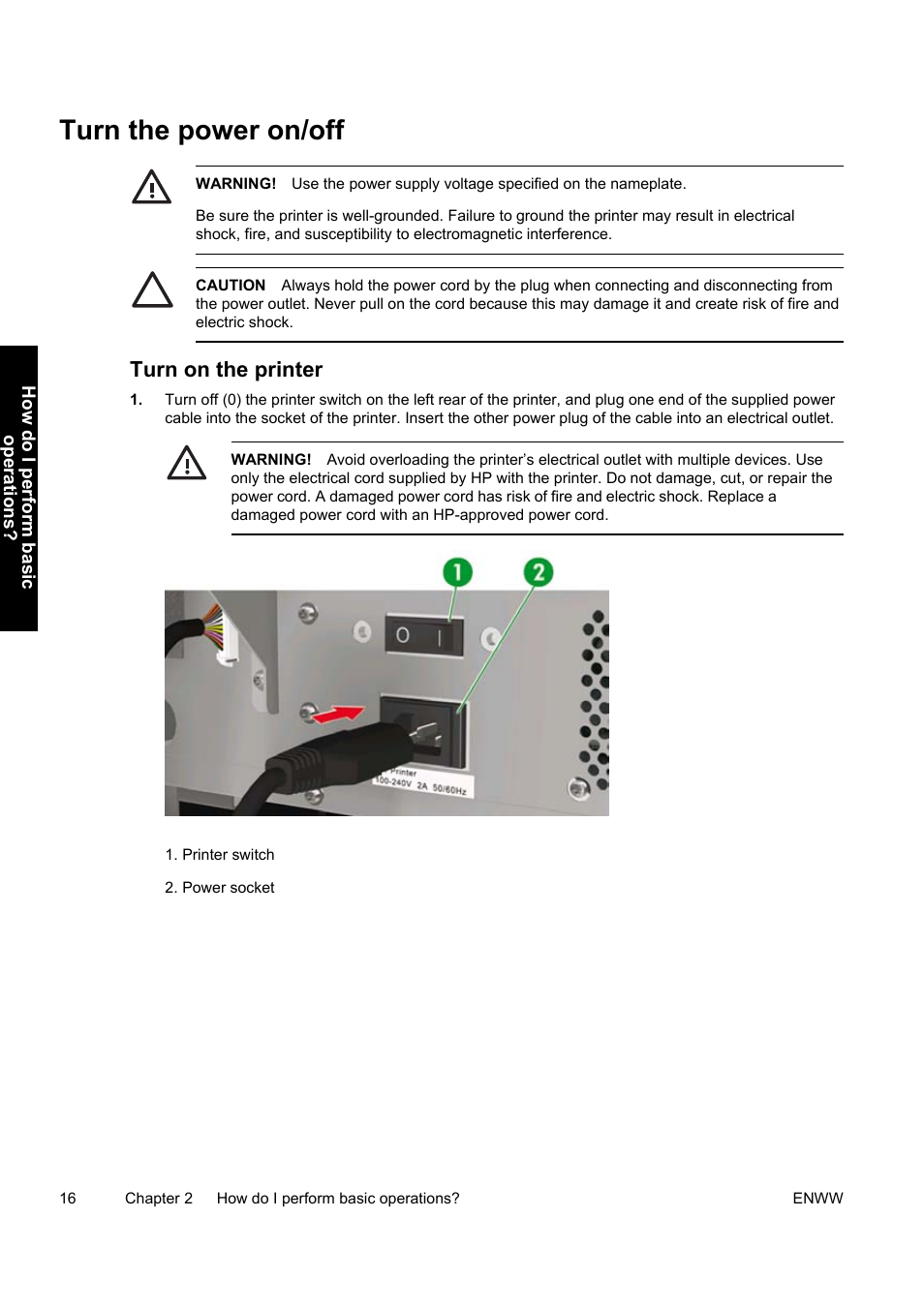 Turn the power on/off, Turn on the printer | HP Designjet 9000s Printer series User Manual | Page 26 / 200