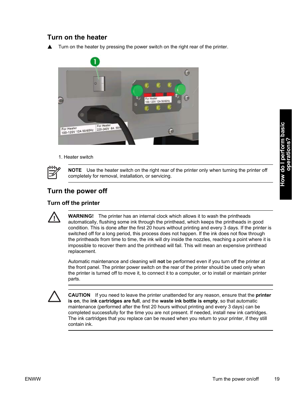 Turn on the heater, Turn the power off | HP Designjet 9000s Printer series User Manual | Page 29 / 200