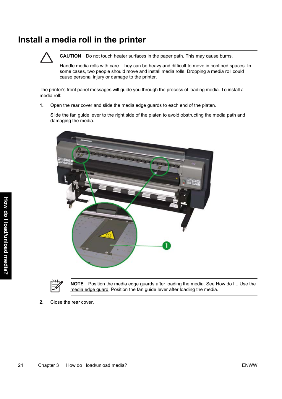 Install a media roll in the printer | HP Designjet 9000s Printer series User Manual | Page 34 / 200