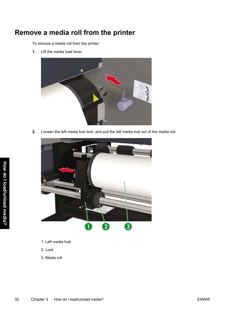 Remove a media roll from the printer | HP Designjet 9000s Printer series User Manual | Page 42 / 200