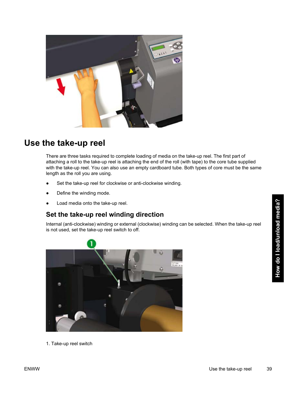 Use the take-up reel, Set the take-up reel winding direction | HP Designjet 9000s Printer series User Manual | Page 49 / 200