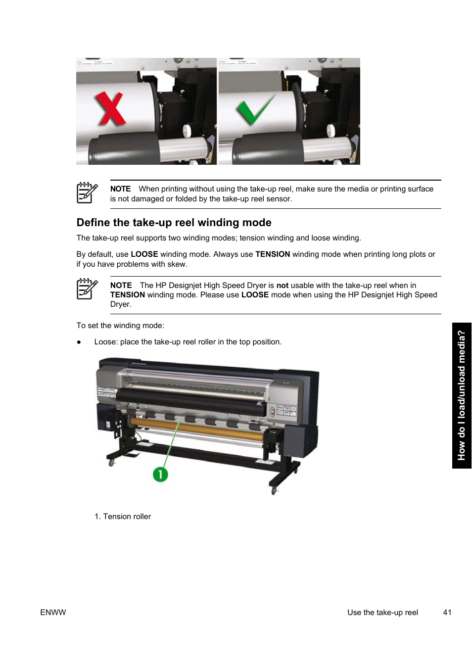 Define the take-up reel winding mode | HP Designjet 9000s Printer series User Manual | Page 51 / 200