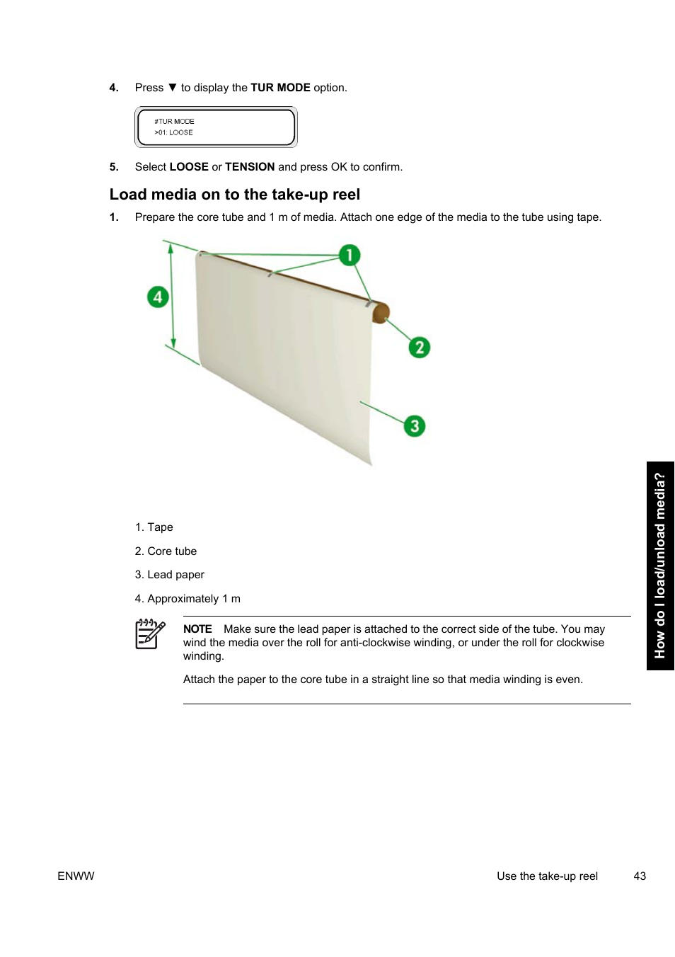 Load media on to the take-up reel | HP Designjet 9000s Printer series User Manual | Page 53 / 200