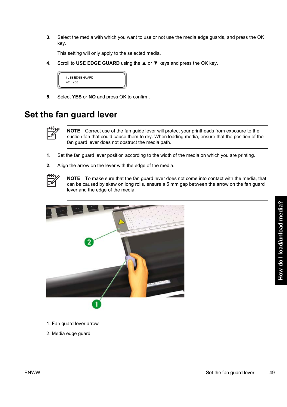 Set the fan guard lever | HP Designjet 9000s Printer series User Manual | Page 59 / 200