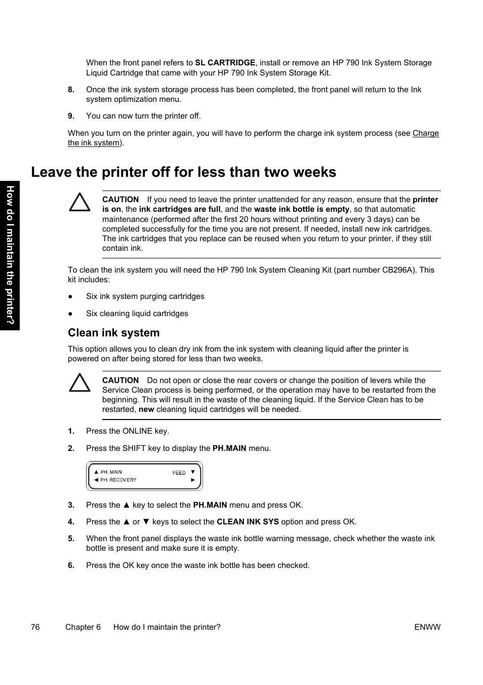 Leave the printer off for less than two weeks, Clean ink system | HP Designjet 9000s Printer series User Manual | Page 86 / 200