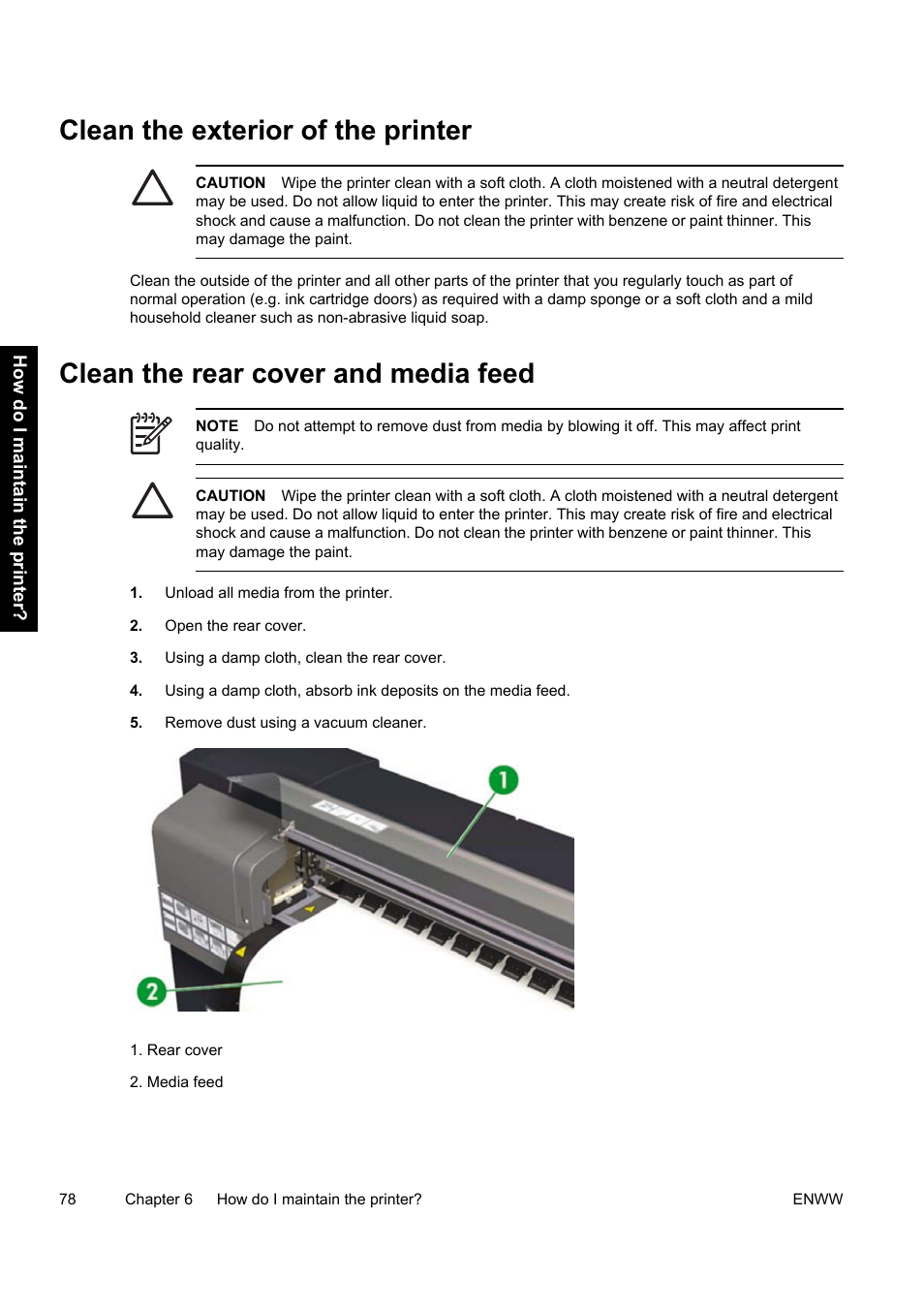 Clean the exterior of the printer, Clean the rear cover and media feed | HP Designjet 9000s Printer series User Manual | Page 88 / 200