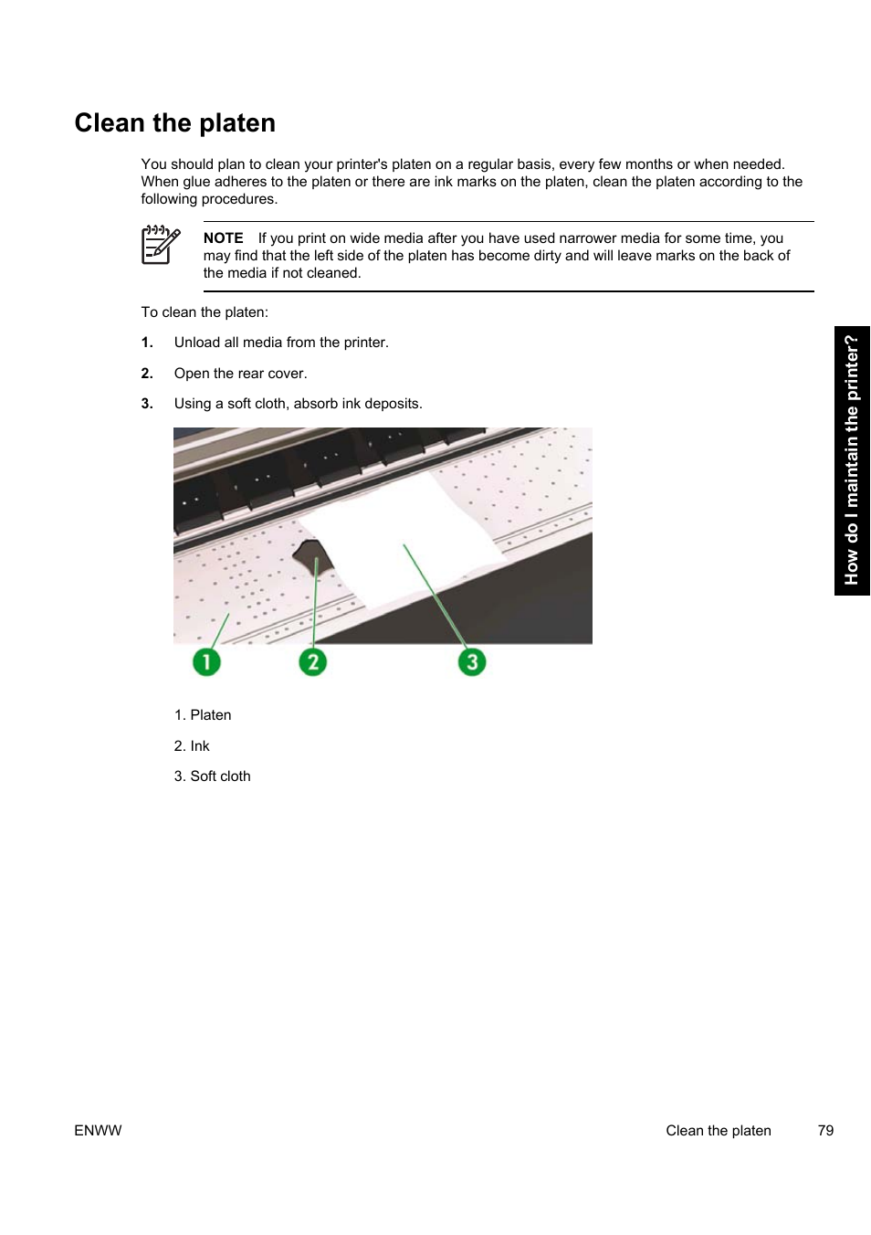 Clean the platen | HP Designjet 9000s Printer series User Manual | Page 89 / 200