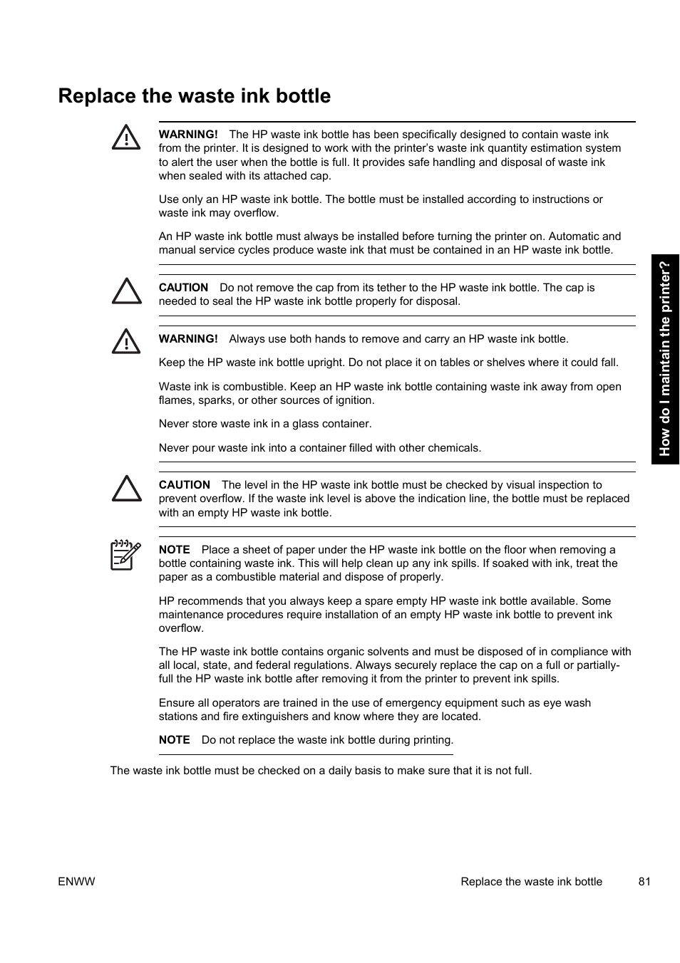 Replace the waste ink bottle | HP Designjet 9000s Printer series User Manual | Page 91 / 200