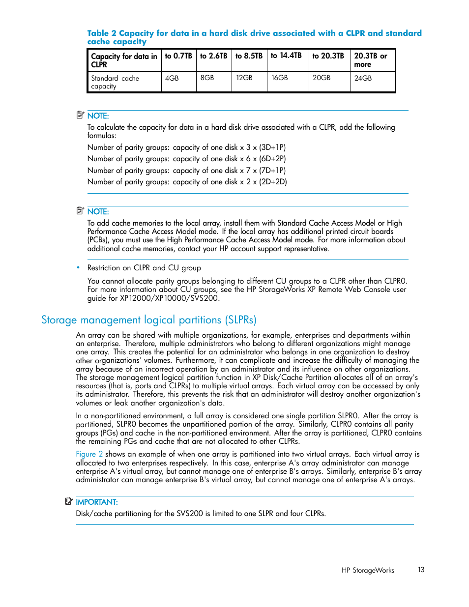 Storage management logical partitions (s, Storage management logical partitions (slprs), Table 2 | HP 200 Storage Virtualization System User Manual | Page 13 / 38