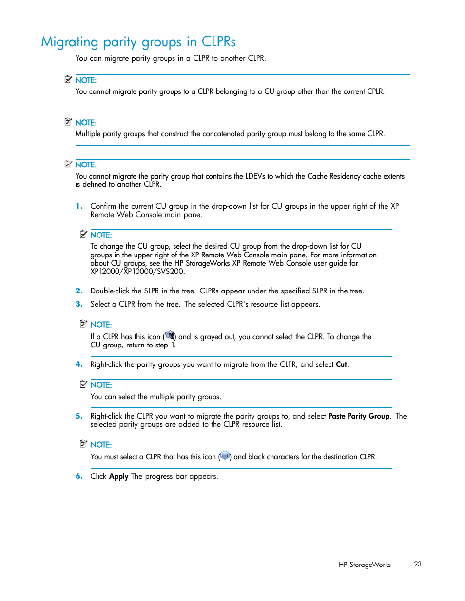 Migrating parity groups in clprs | HP 200 Storage Virtualization System User Manual | Page 23 / 38