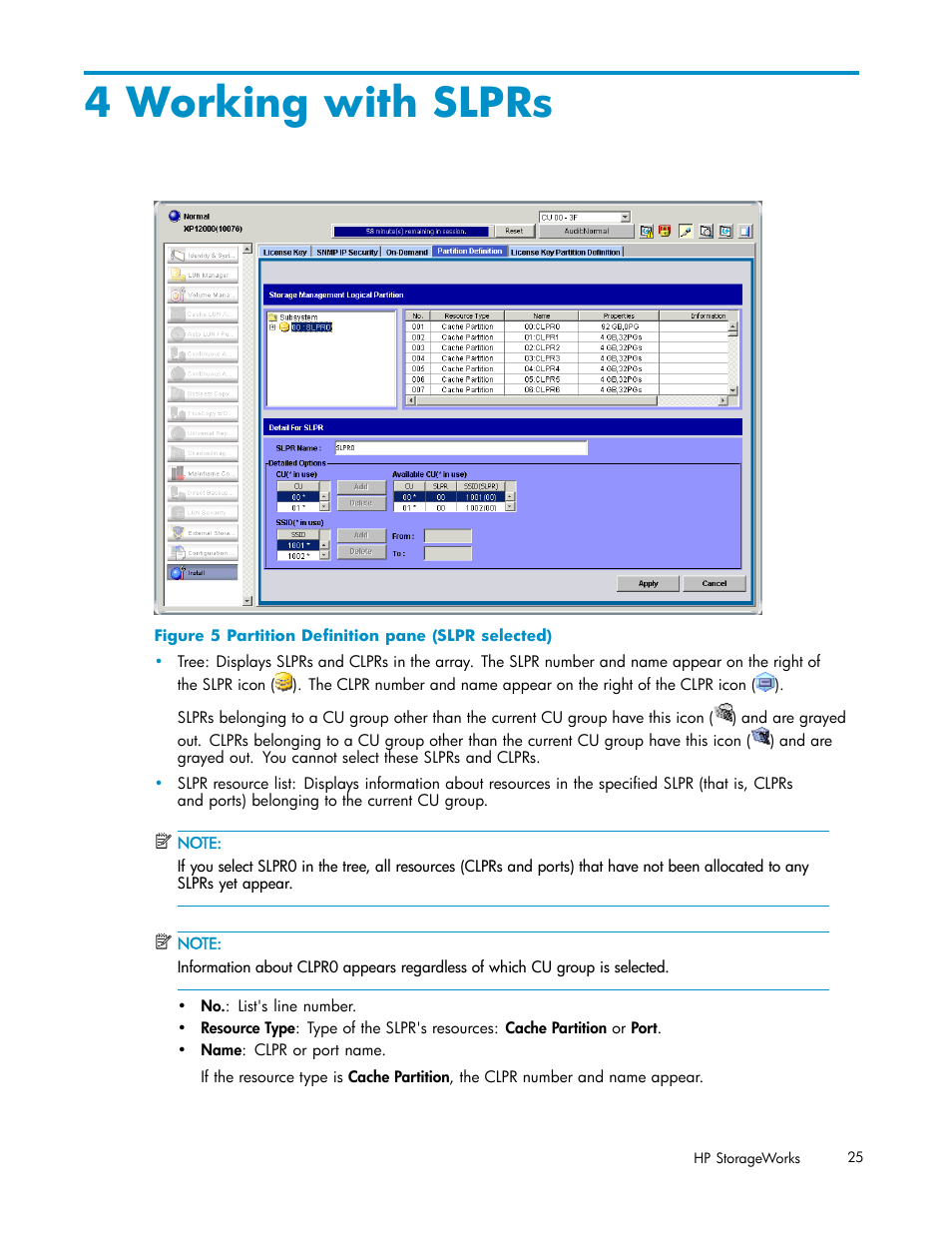 4 working with slprs, Partition deﬁnition pane (slpr selected), Working with slprs | HP 200 Storage Virtualization System User Manual | Page 25 / 38