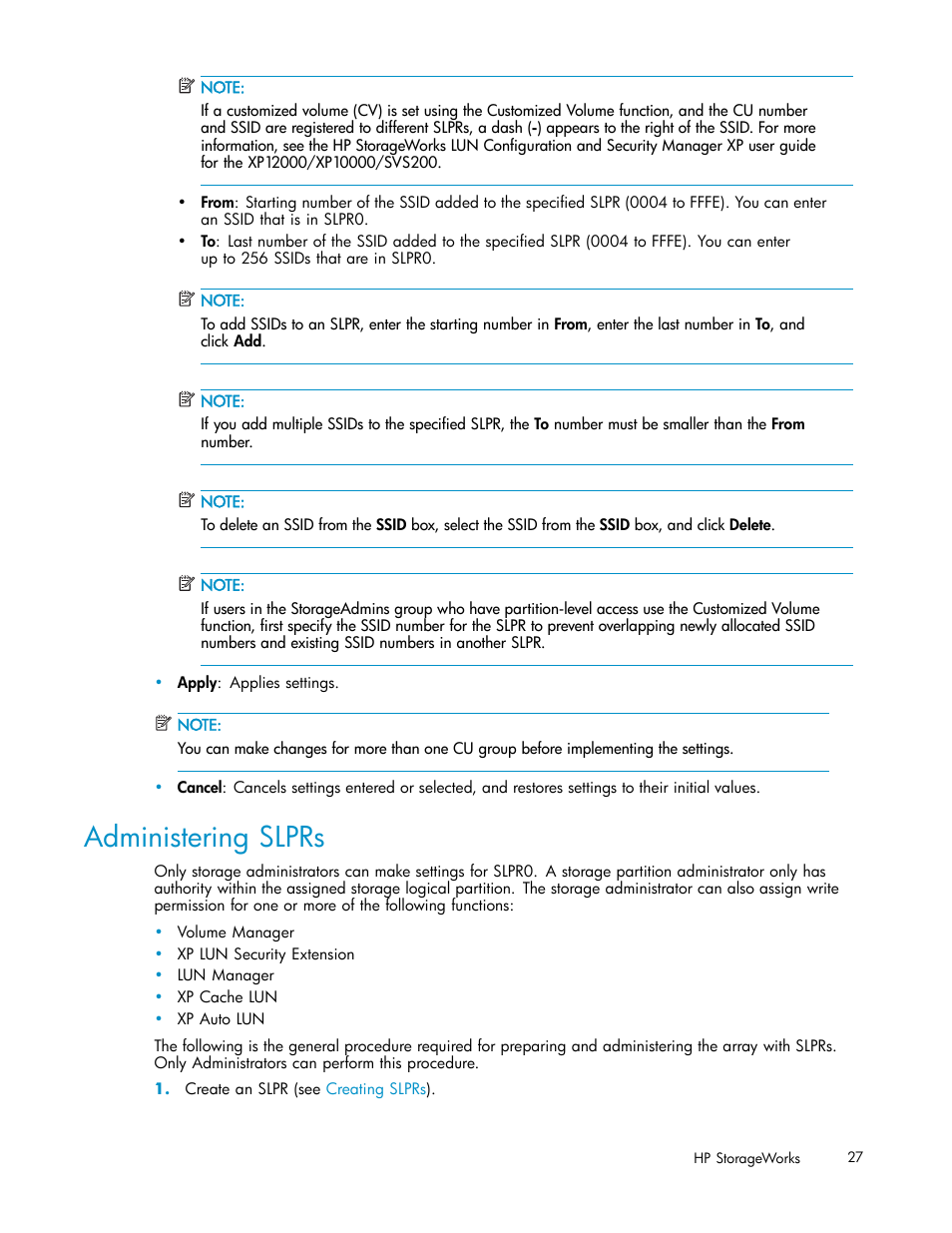 Administering slprs | HP 200 Storage Virtualization System User Manual | Page 27 / 38