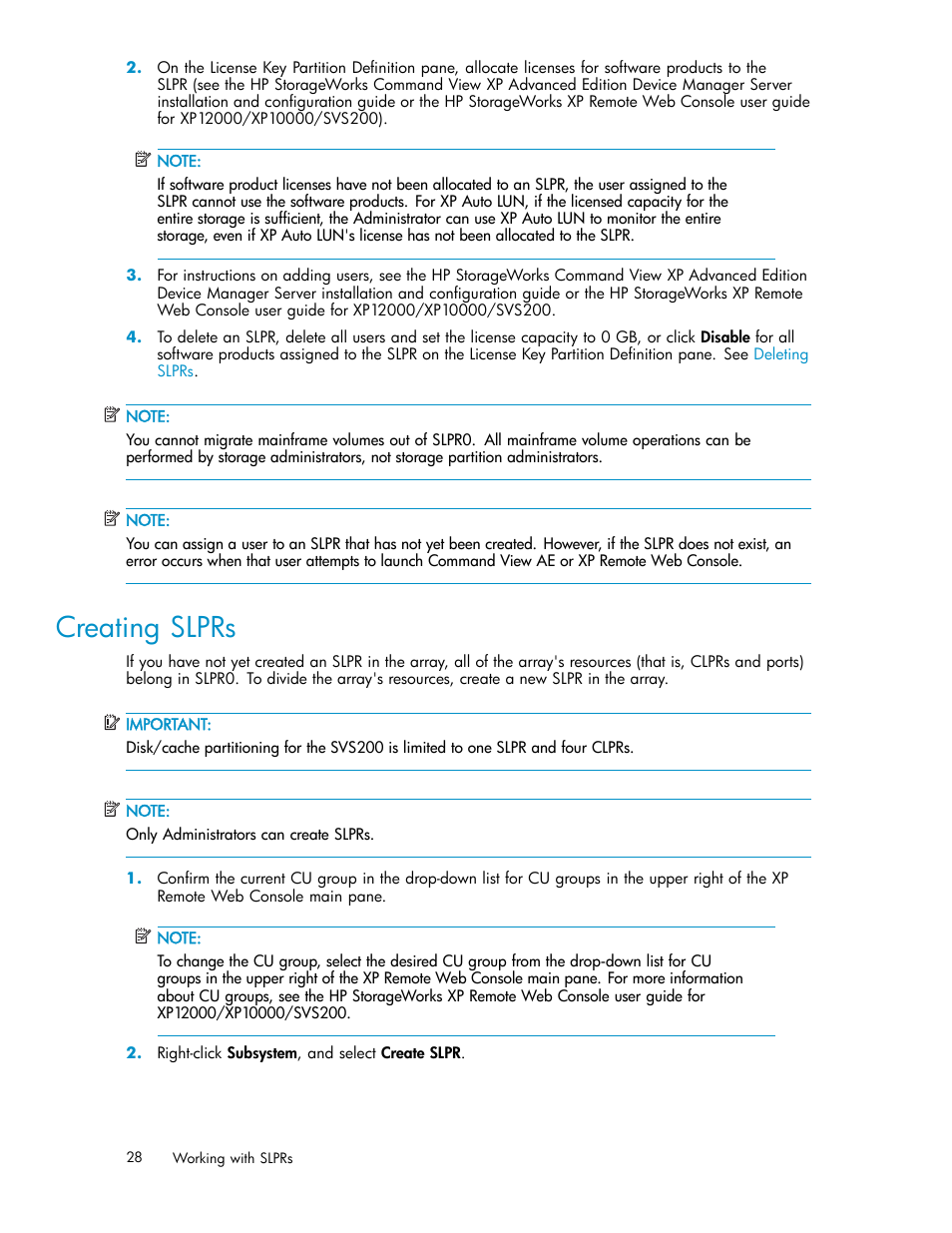 Creating slprs | HP 200 Storage Virtualization System User Manual | Page 28 / 38