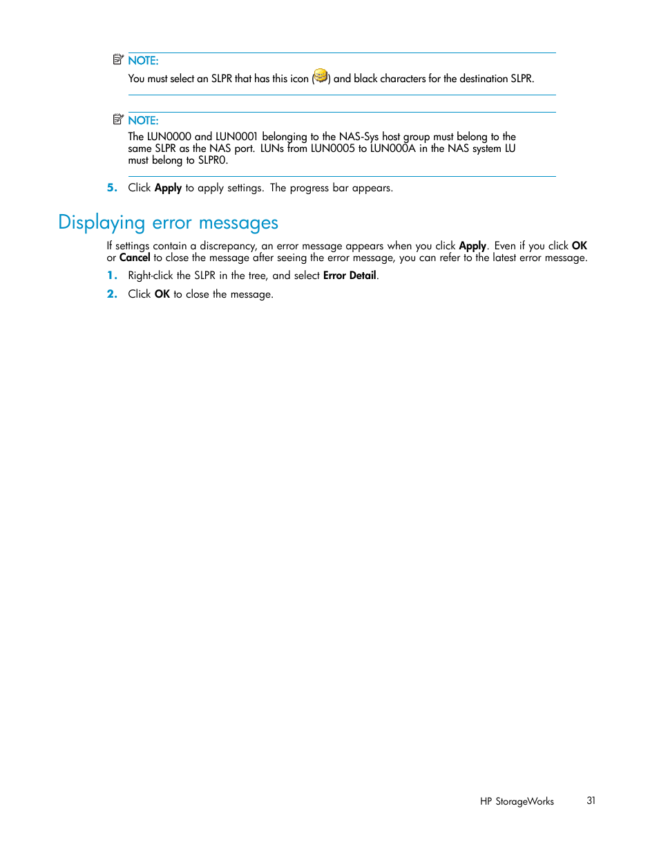 Displaying error messages | HP 200 Storage Virtualization System User Manual | Page 31 / 38
