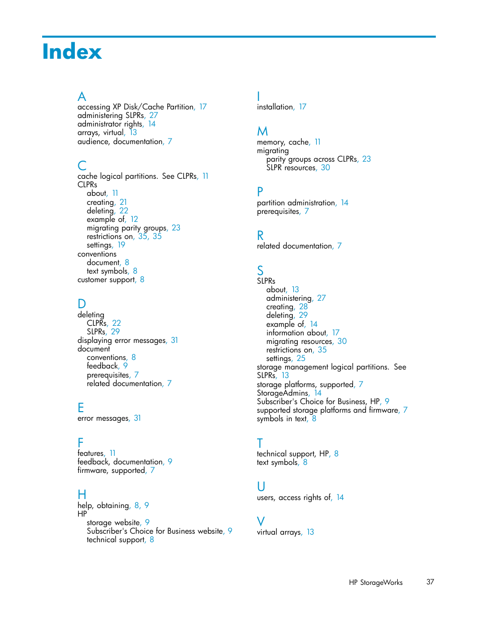 Index | HP 200 Storage Virtualization System User Manual | Page 37 / 38