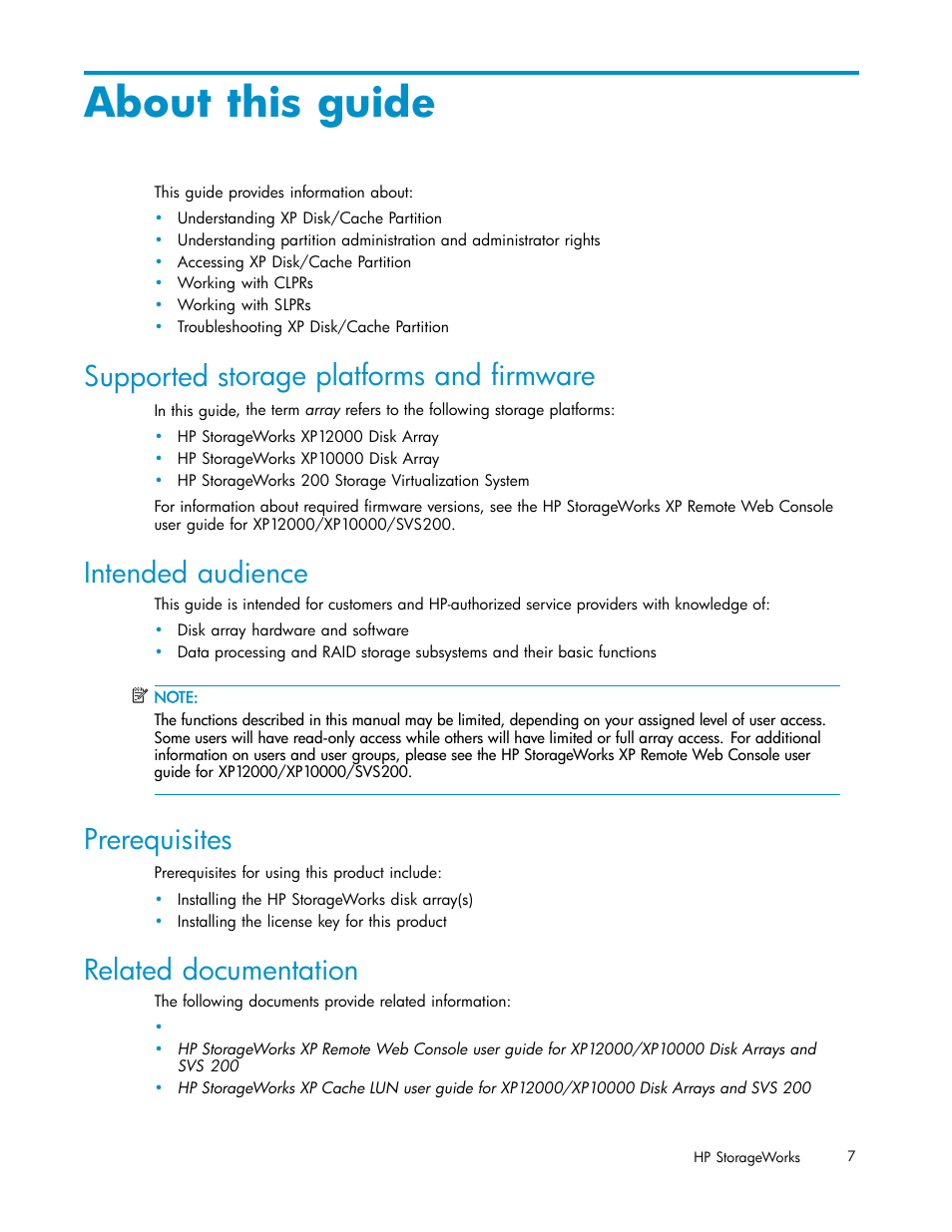 About this guide, Supported storage platforms and ﬁrmware, Intended audience | Prerequisites, Related documentation | HP 200 Storage Virtualization System User Manual | Page 7 / 38