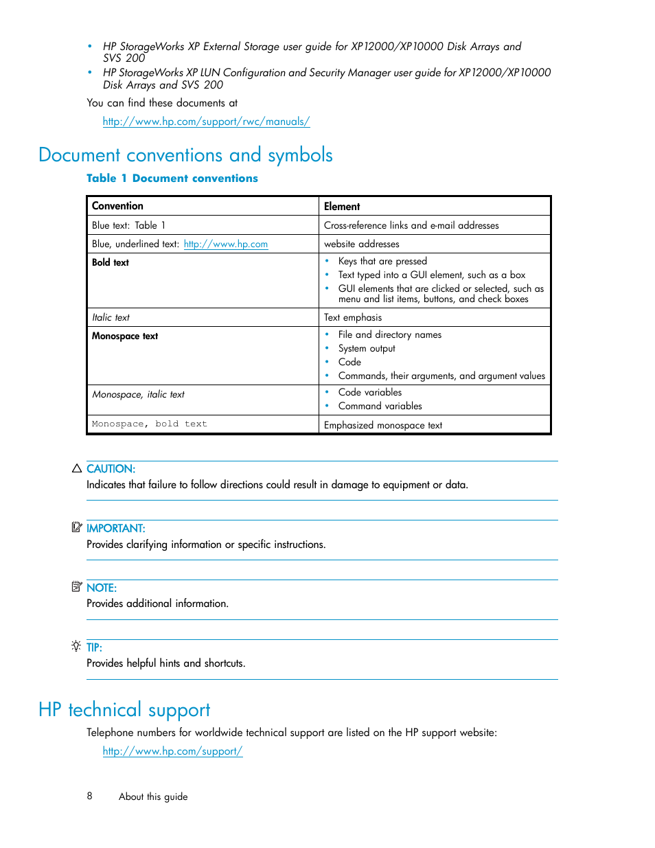 Document conventions and symbols, Hp technical support, Document conventions | HP 200 Storage Virtualization System User Manual | Page 8 / 38