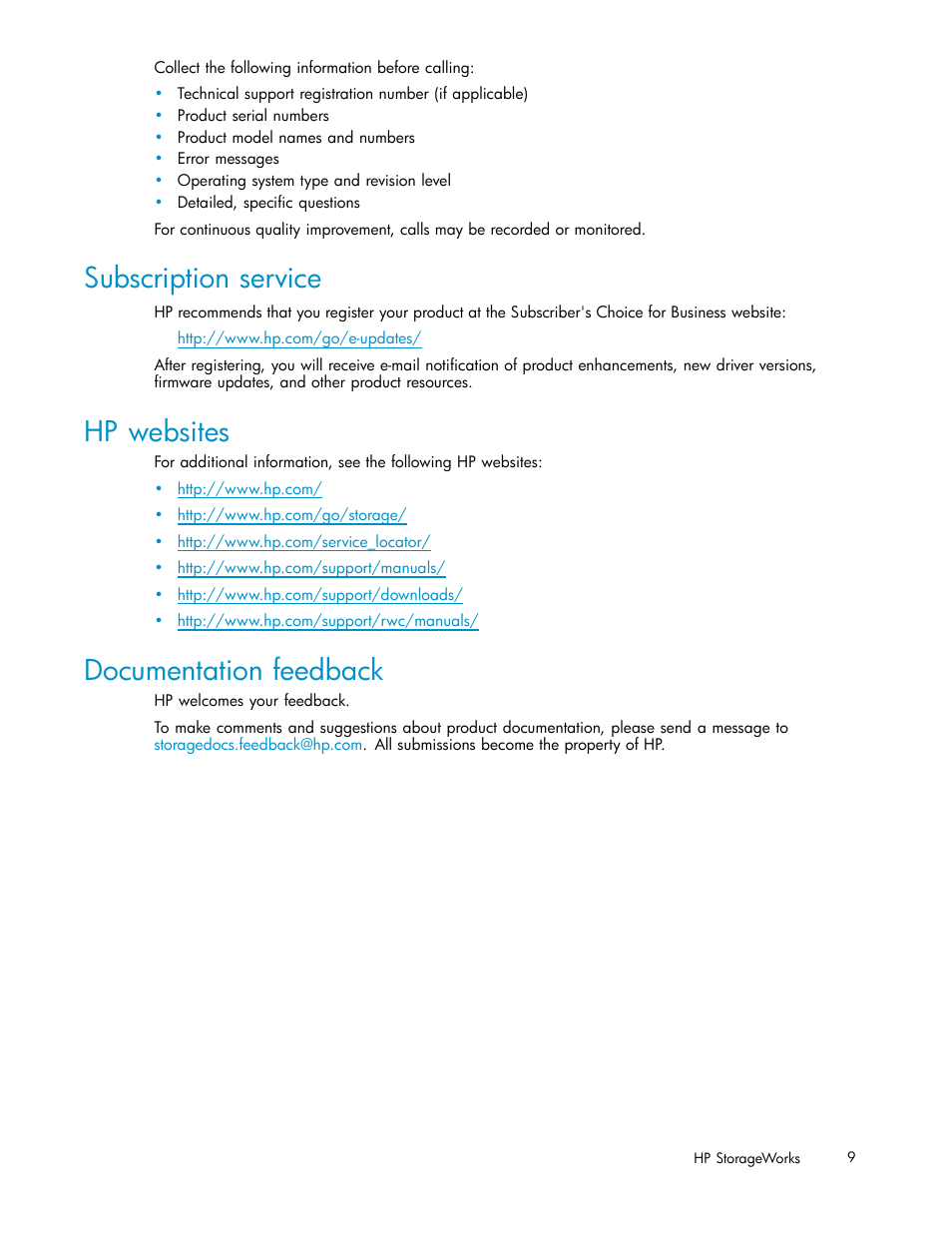 Subscription service, Hp websites, Documentation feedback | HP 200 Storage Virtualization System User Manual | Page 9 / 38