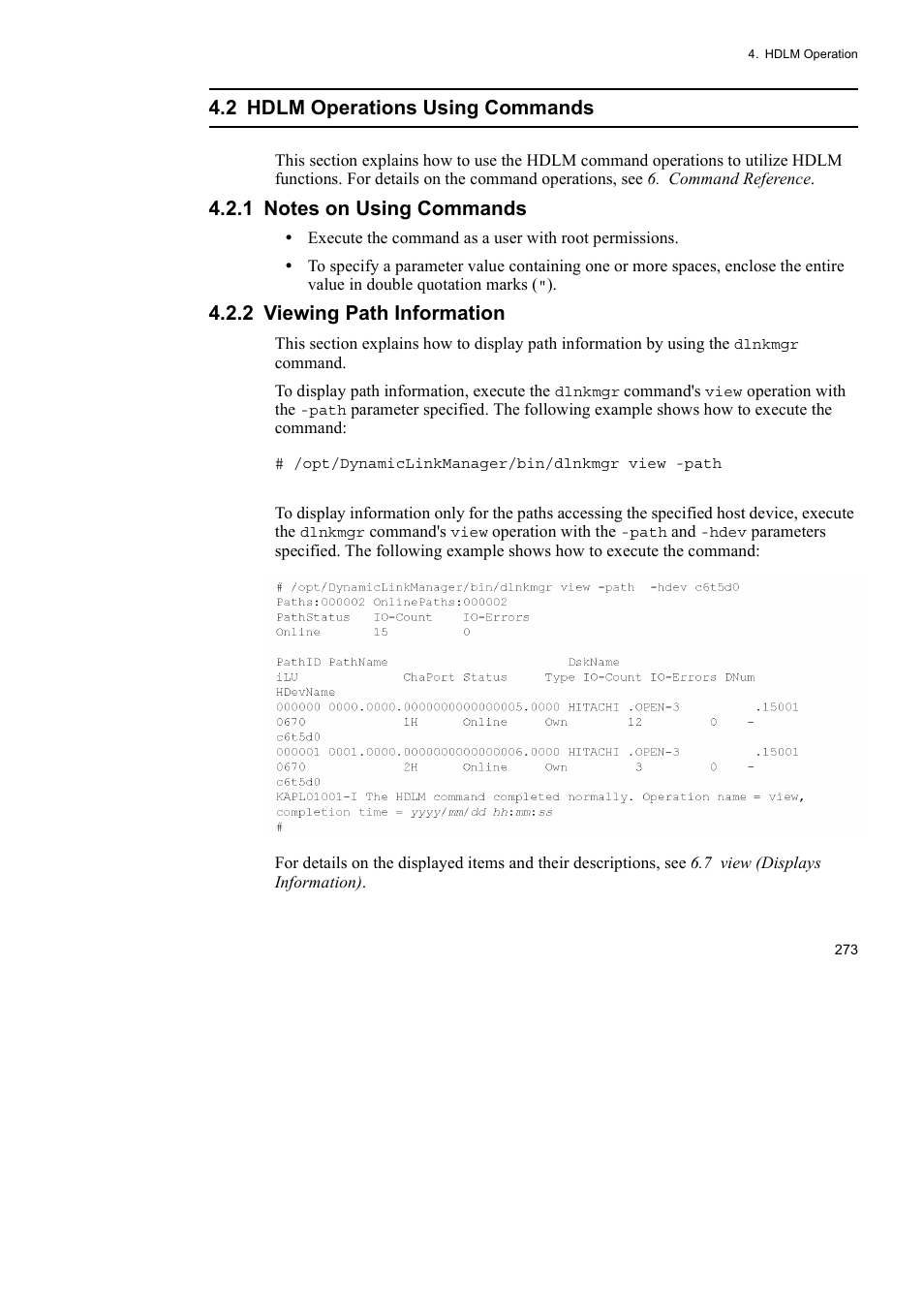 2 hdlm operations using commands, 2 viewing path information | HP Hitachi Dynamic Link Manager Software User Manual | Page 295 / 652