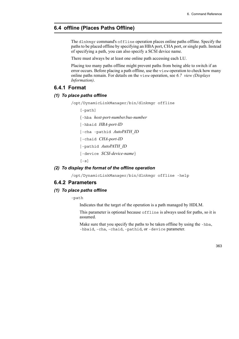 4 offline (places paths offline), 1 format, 2 parameters | HP Hitachi Dynamic Link Manager Software User Manual | Page 385 / 652