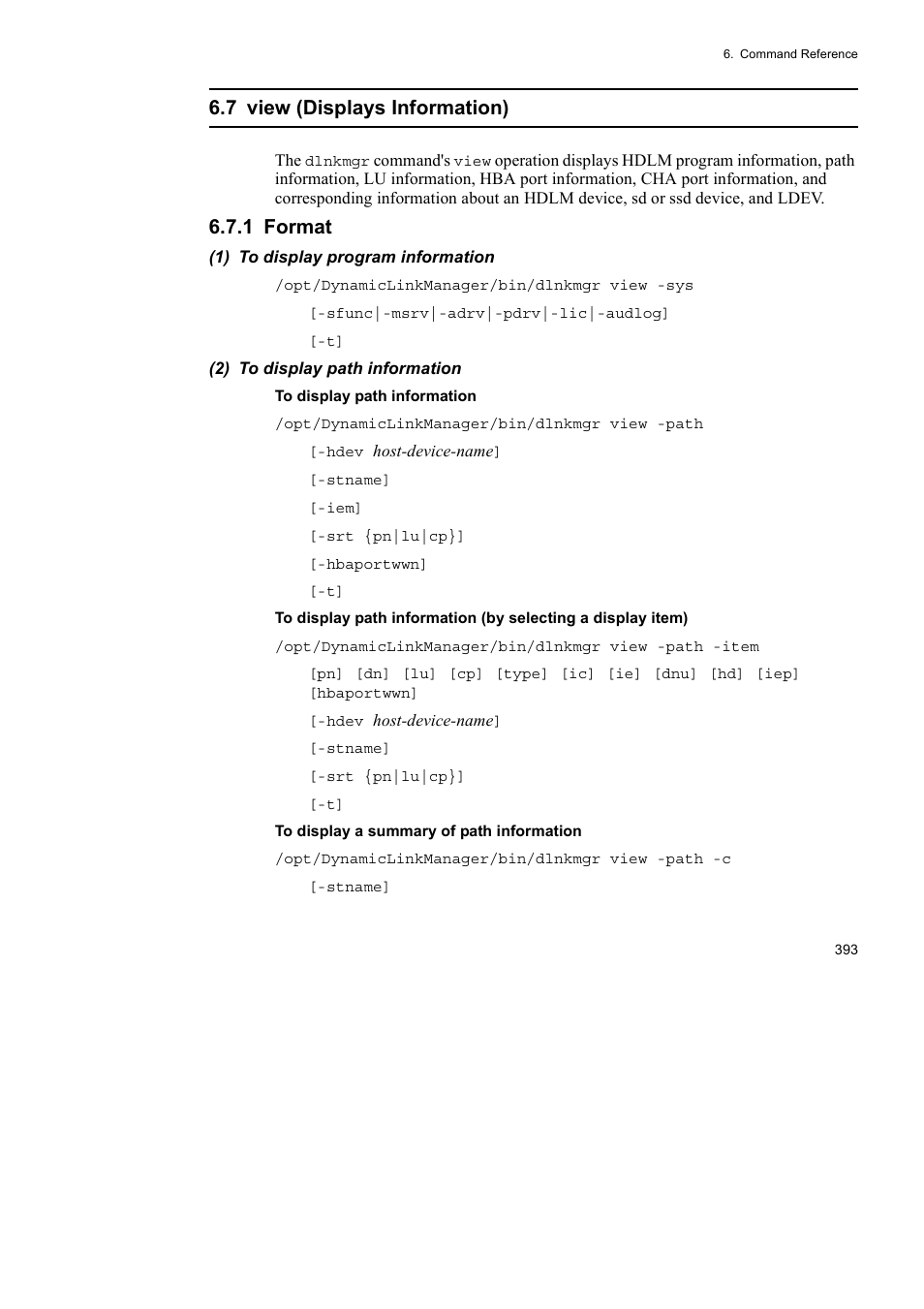 7 view (displays information), 1 format | HP Hitachi Dynamic Link Manager Software User Manual | Page 415 / 652