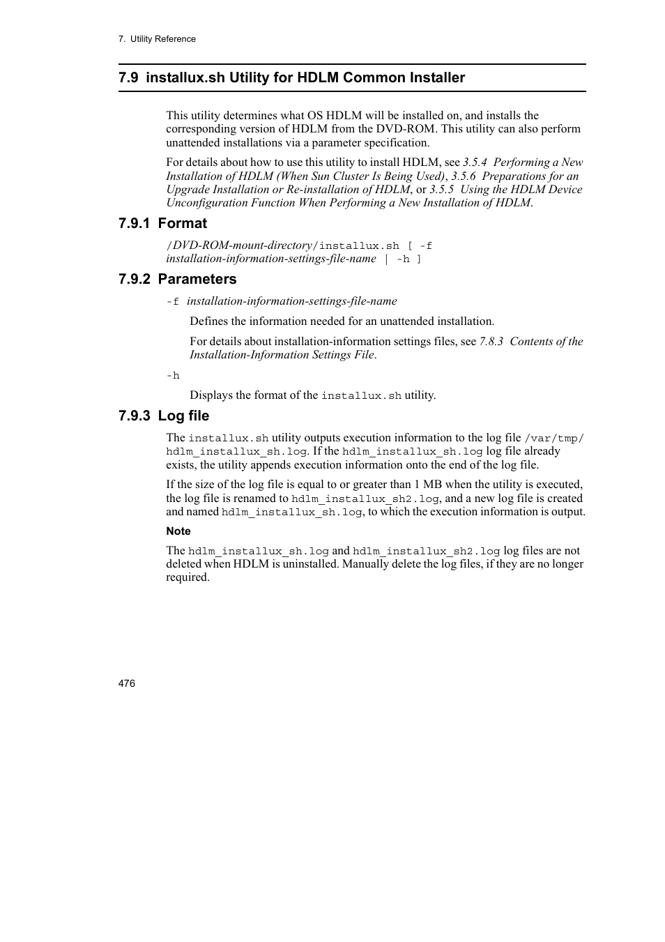 9 installux.sh utility for hdlm common installer, 1 format, 2 parameters | 3 log file | HP Hitachi Dynamic Link Manager Software User Manual | Page 498 / 652