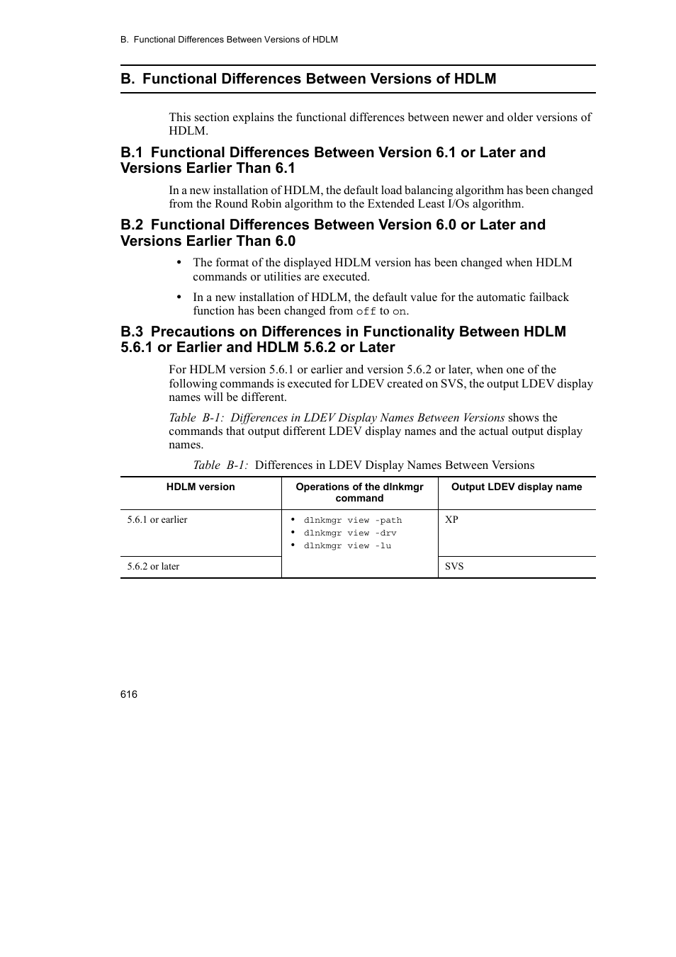 B. functional differences between versions of hdlm | HP Hitachi Dynamic Link Manager Software User Manual | Page 638 / 652