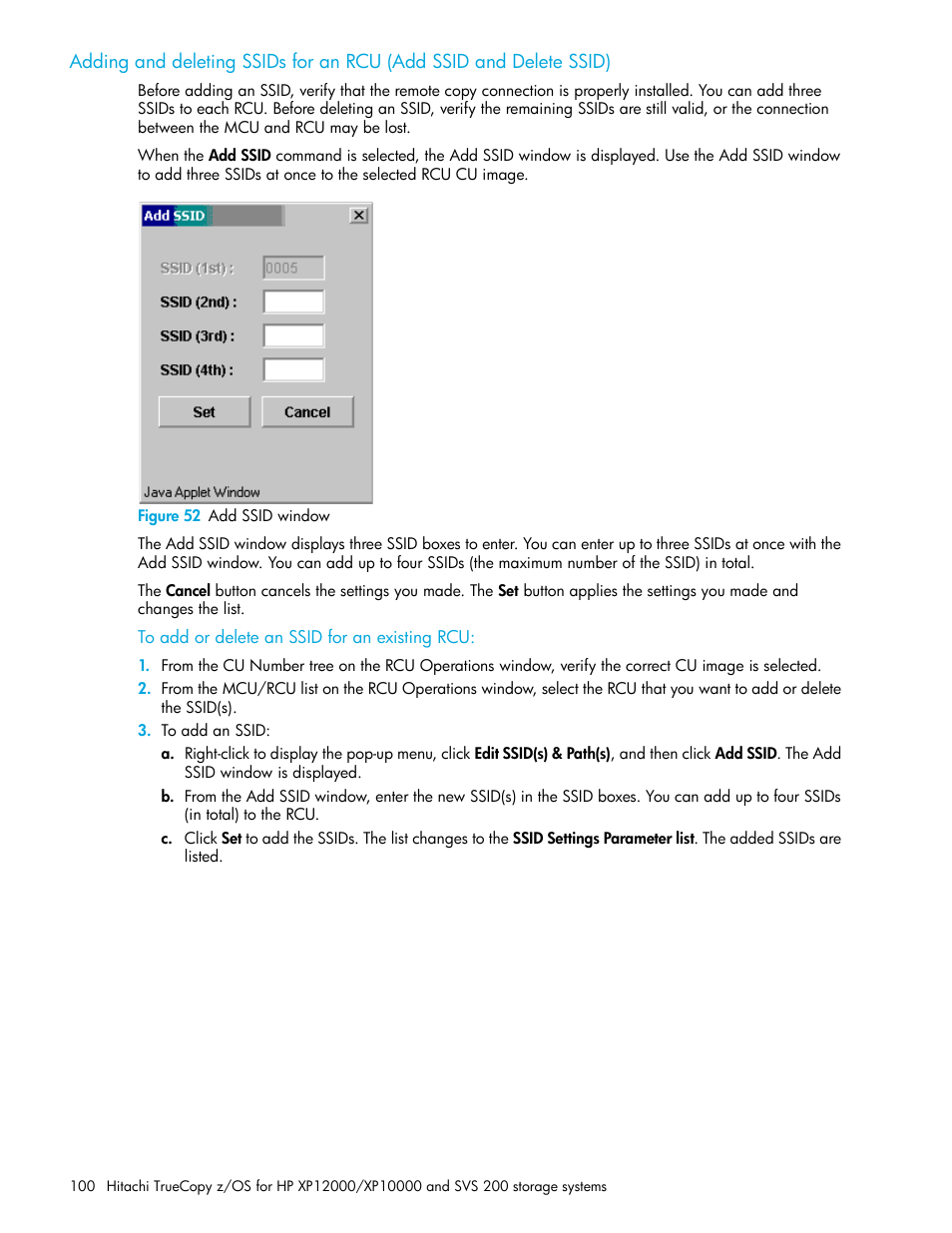 Figure 52 add ssid window, To add or delete an ssid for an existing rcu, 52 add ssid window | Adding, Adding and deleting ssids for an rcu (add, Ssid and delete ssid) | HP StorageWorks XP Remote Web Console Software User Manual | Page 100 / 230