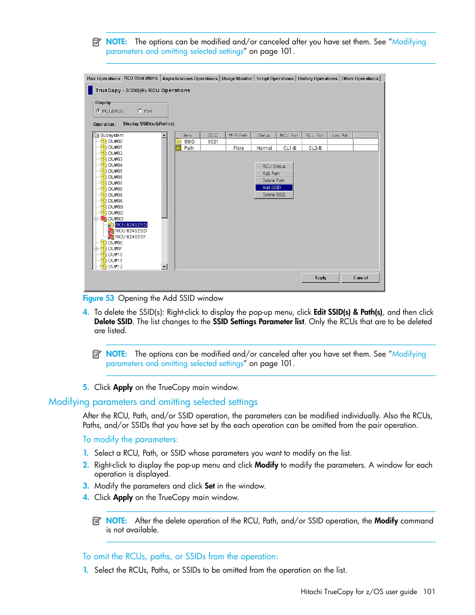 Figure 53 opening the add ssid window, To modify the parameters, 53 opening the add ssid window | Modifying, Parameters and omitting selected settings | HP StorageWorks XP Remote Web Console Software User Manual | Page 101 / 230