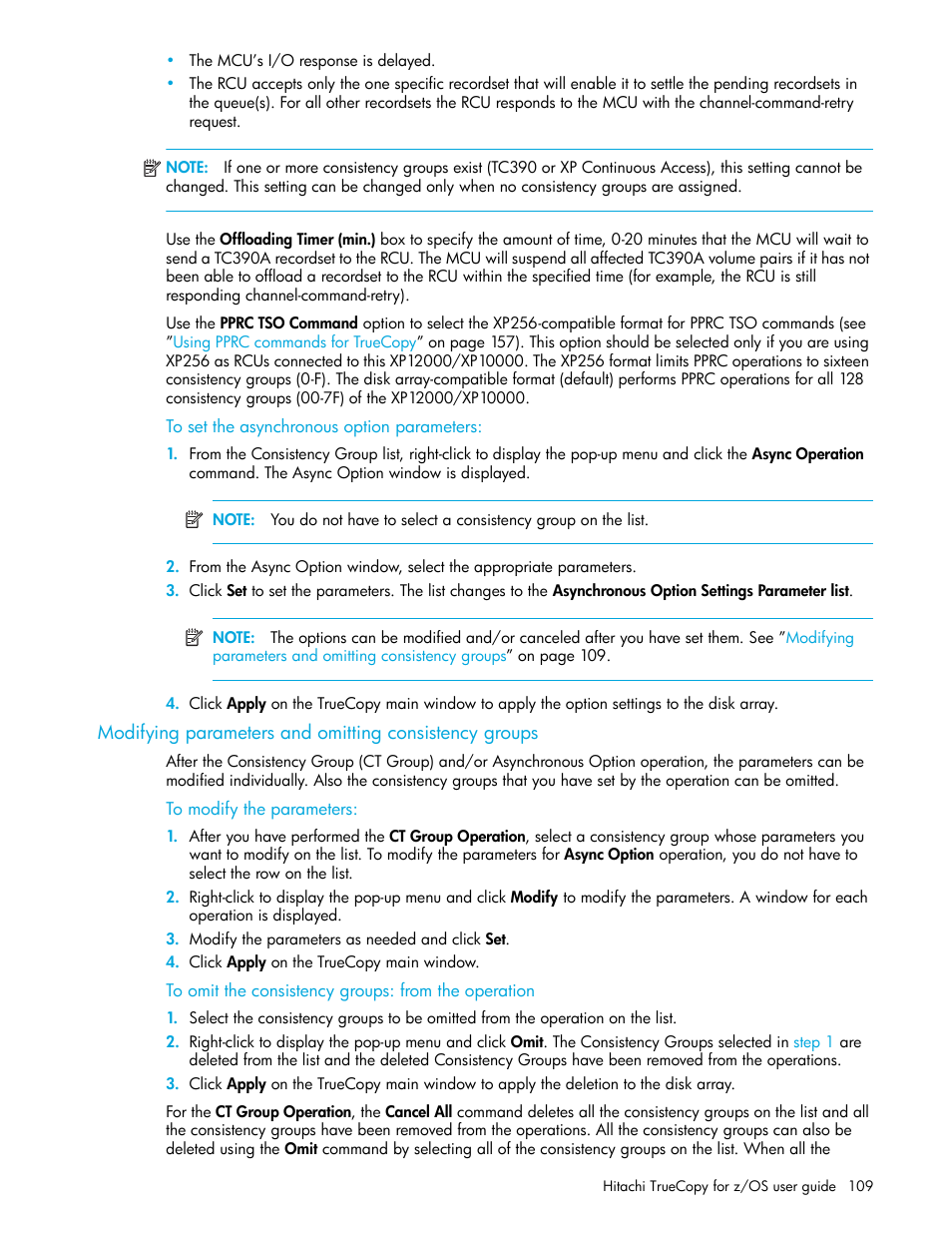 To set the asynchronous option parameters, To modify the parameters, To omit the consistency groups: from the operation | Modifying, Parameters and omitting consistency groups | HP StorageWorks XP Remote Web Console Software User Manual | Page 109 / 230