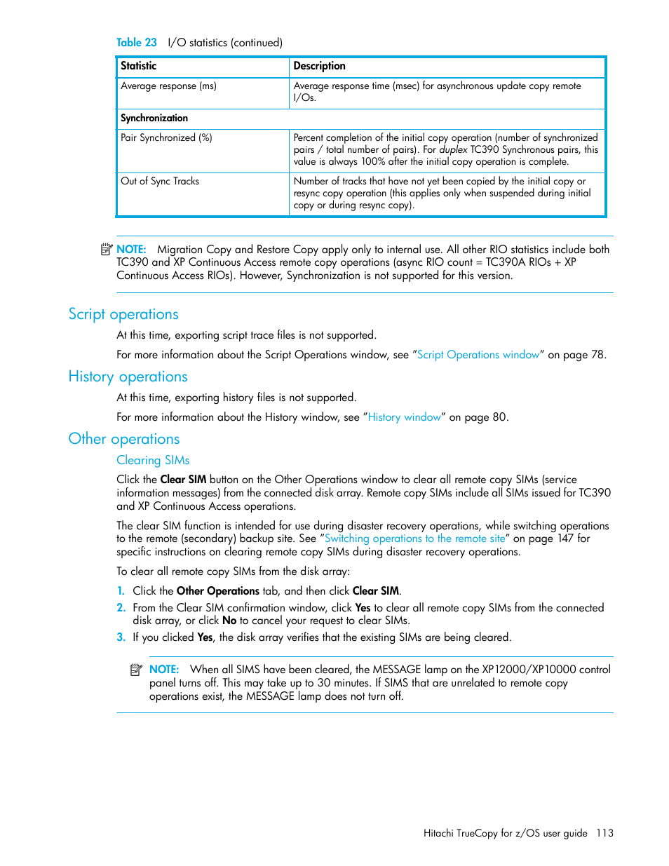 Script operations, History operations, Other operations | Clearing sims | HP StorageWorks XP Remote Web Console Software User Manual | Page 113 / 230